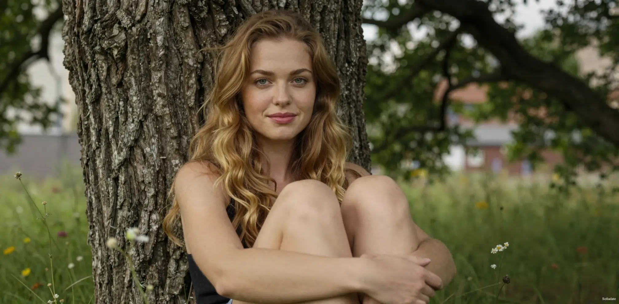 A beautiful girl is sitting by a tree