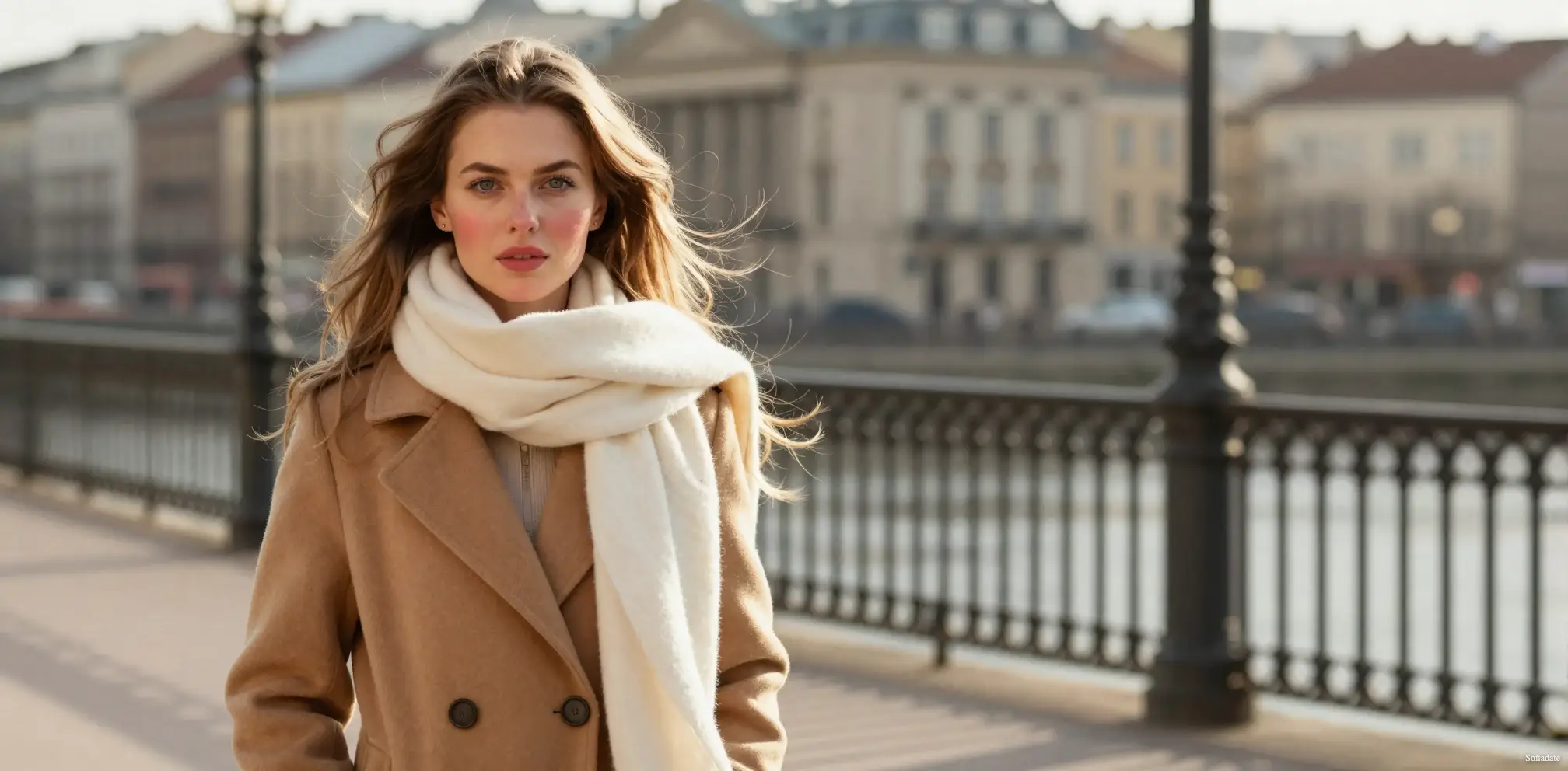 A beautiful woman walks on the bridge