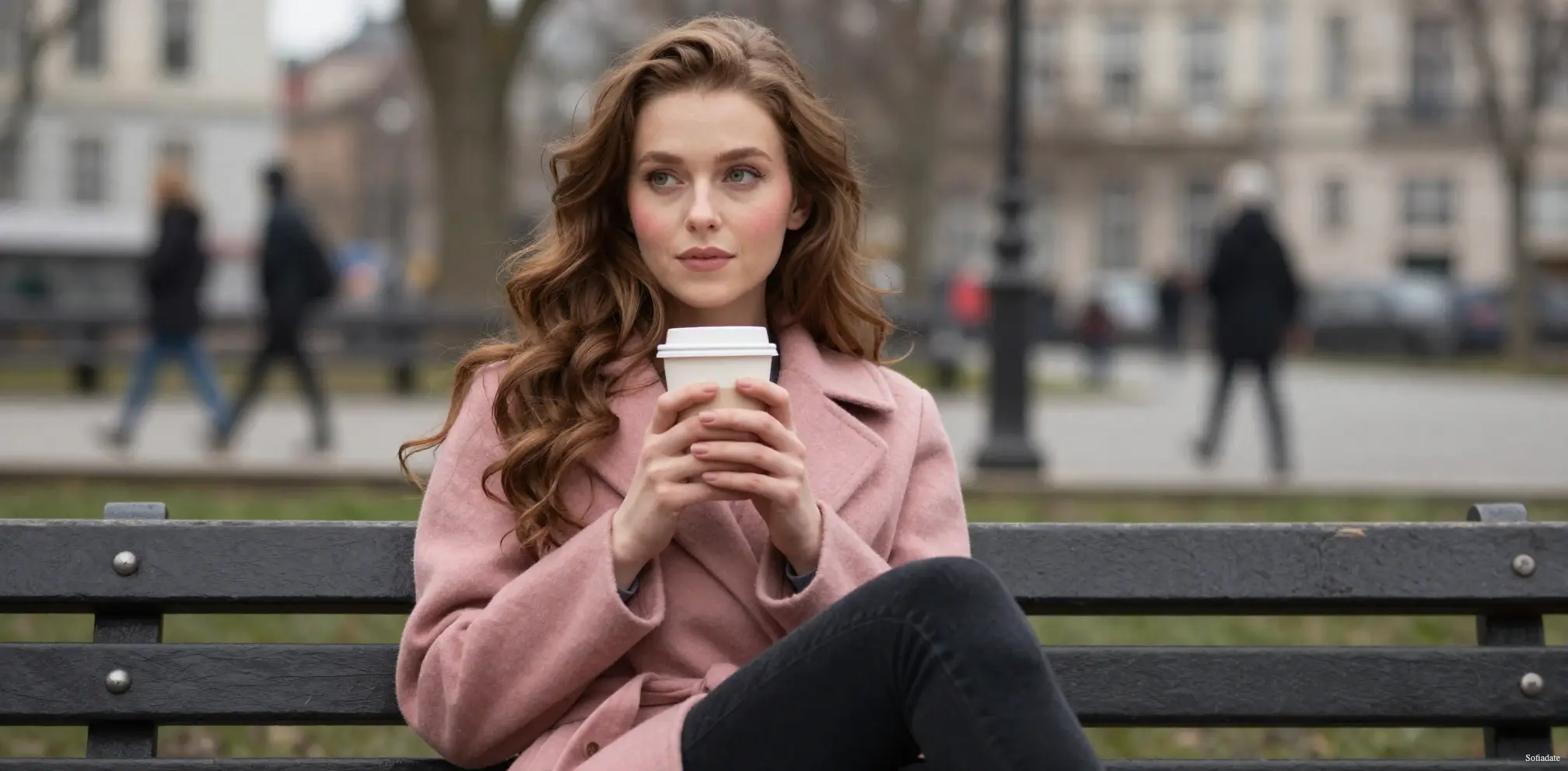 A beautiful woman is sitting on a bench with a cup of coffee
