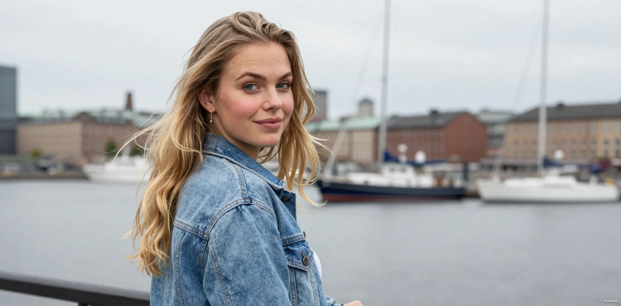 A beautiful woman stands on the city embankment