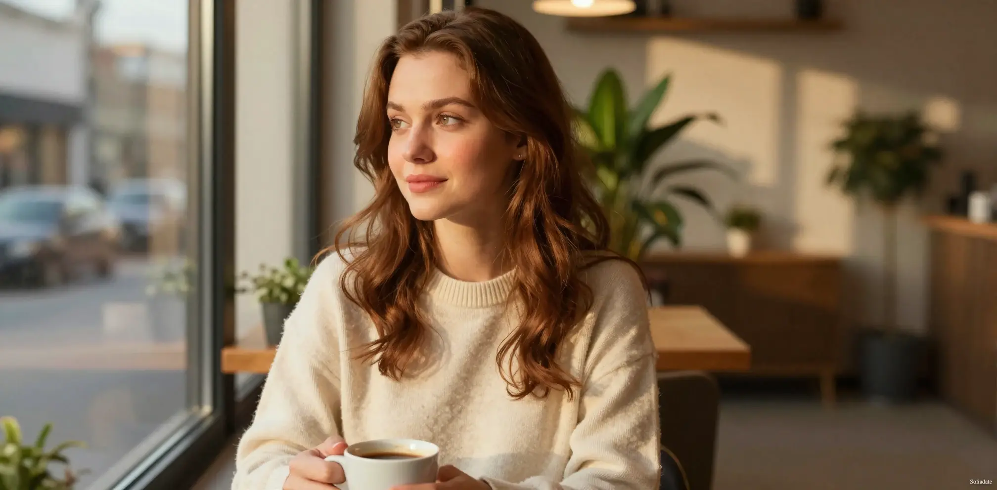 A beautiful girl sits in a cafe and looks out the window