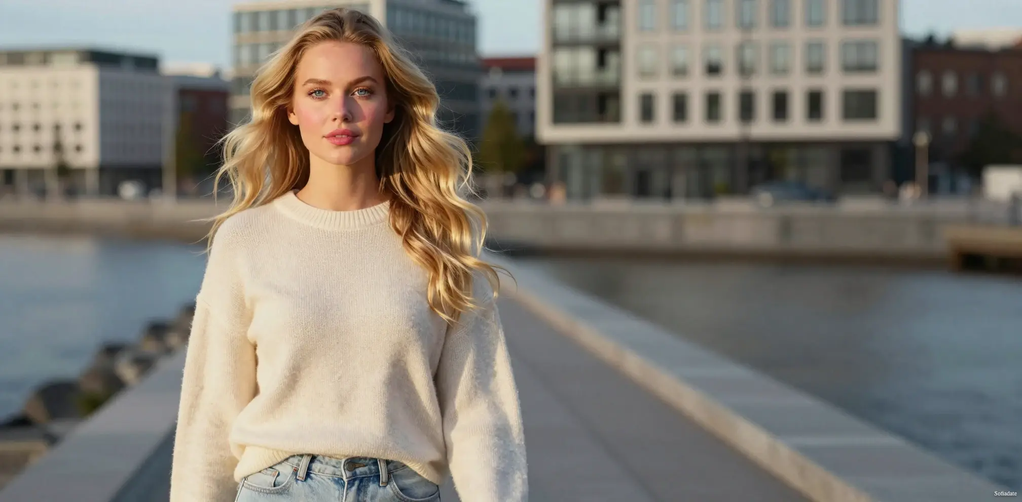 A beautiful blonde walks by the water