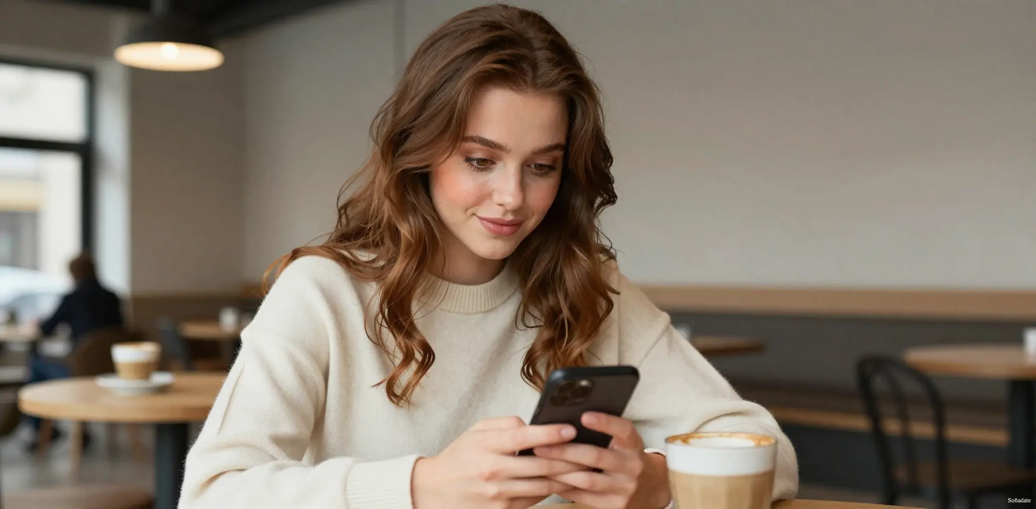 A cute girl is sitting in a cafe with her phone in her hands