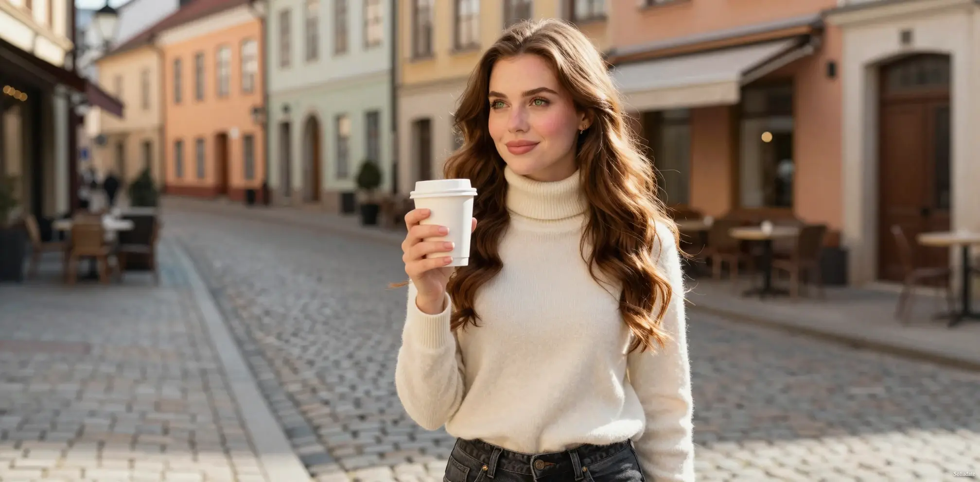 A cute girl walks through the streets of the city with coffee