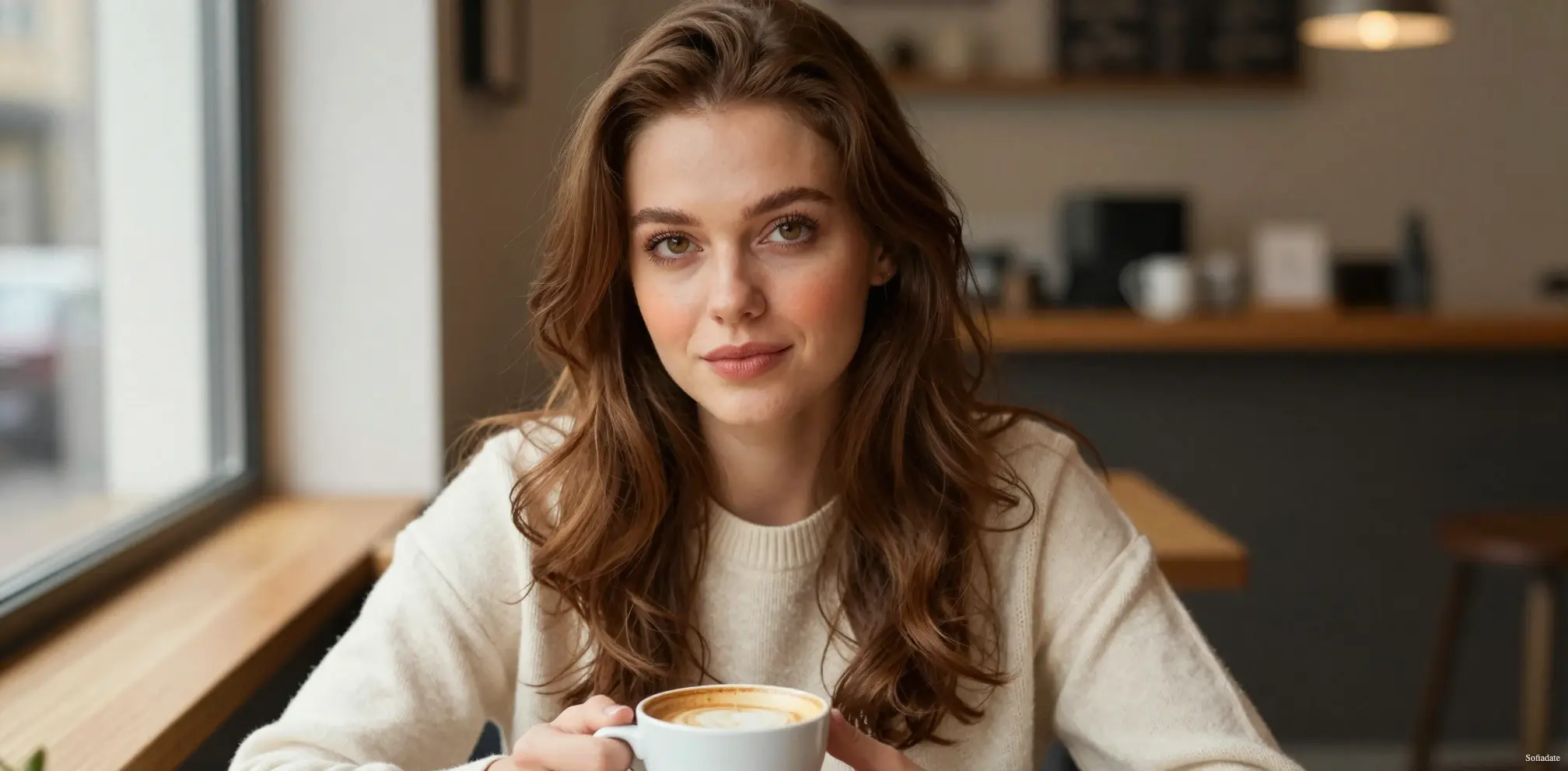 A beautiful woman is sitting at a table in a cafe