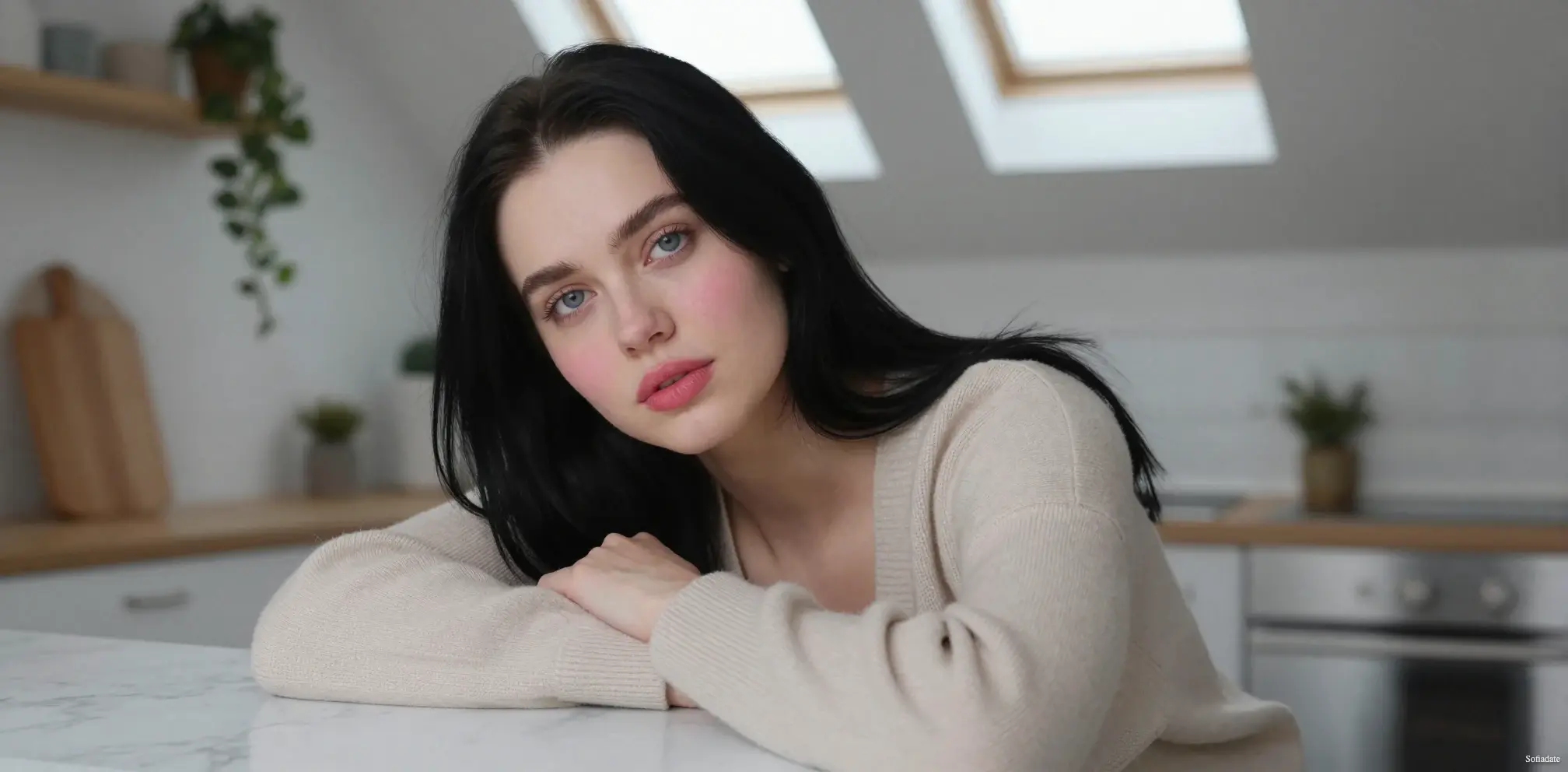 A beautiful girl is sitting at a table in an apartment