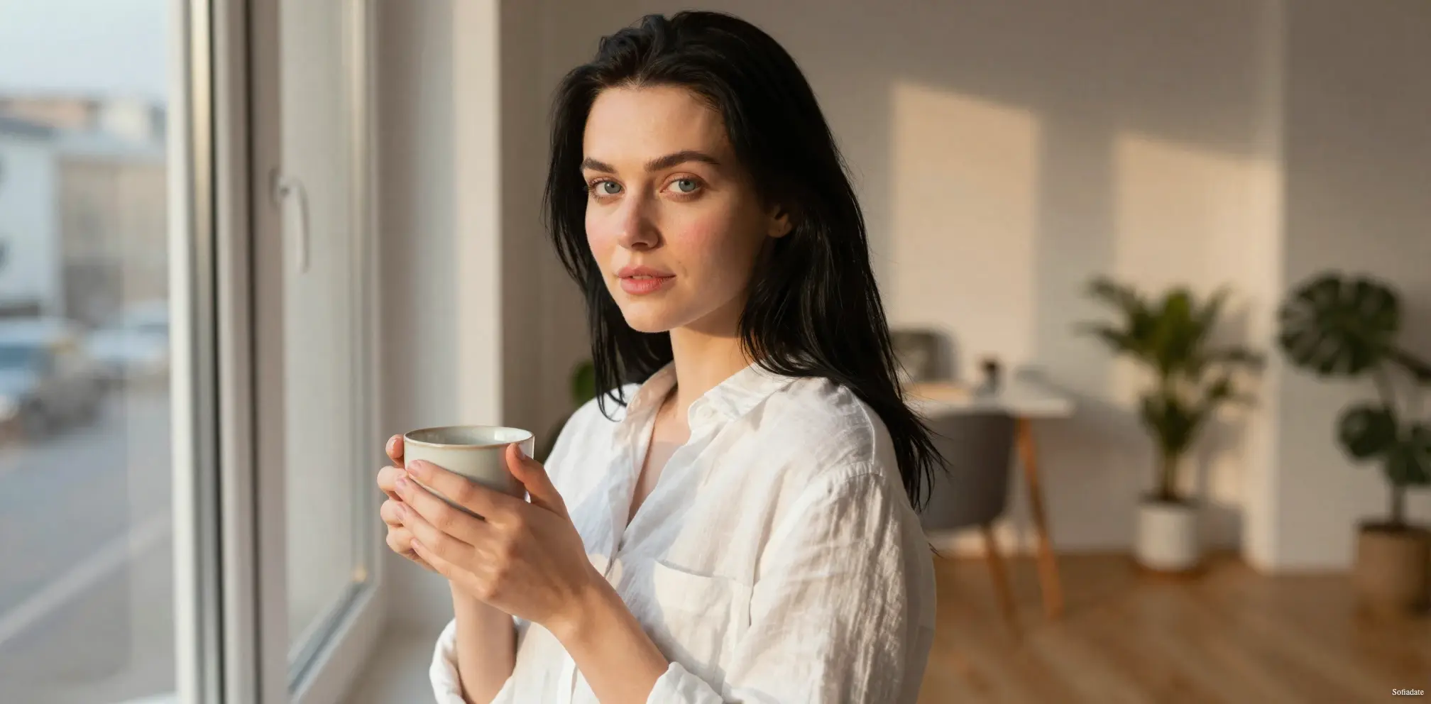 A beautiful girl stands by the window