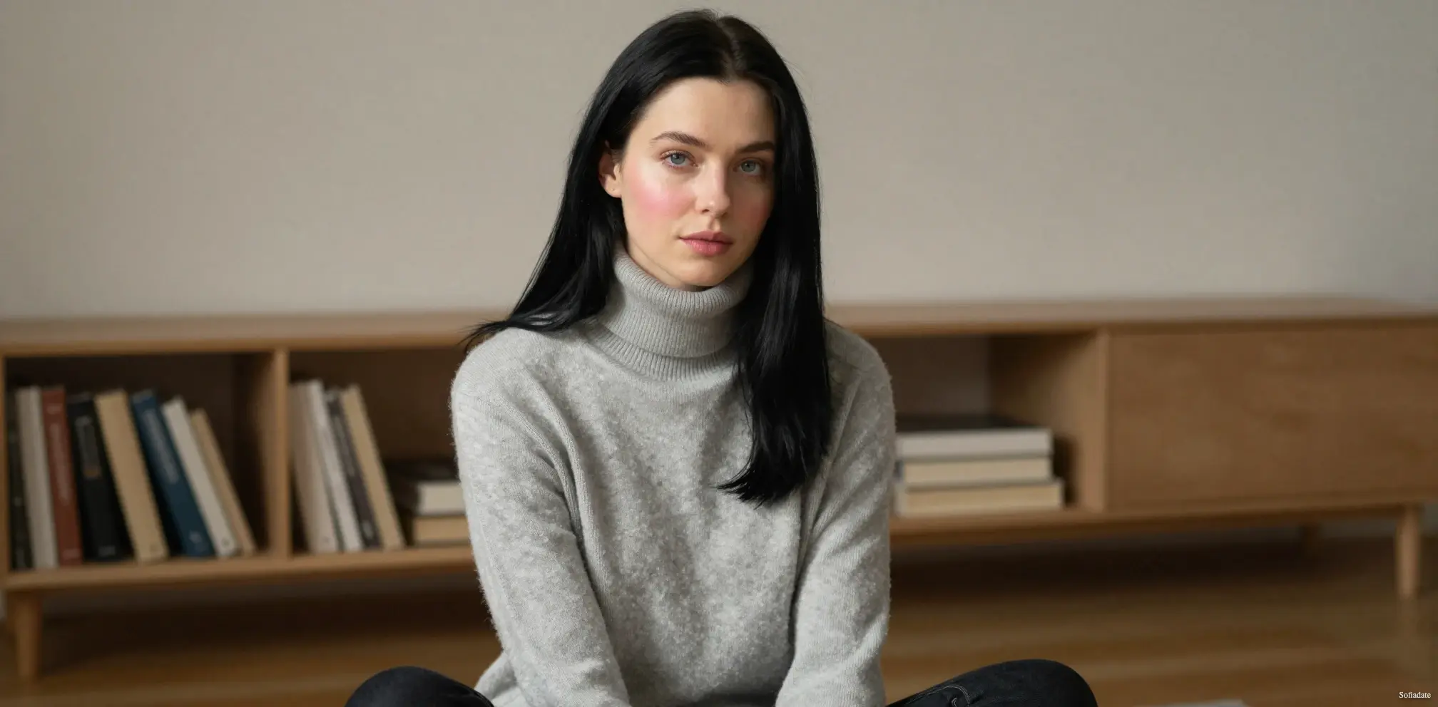 A beautiful girl is sitting in an apartment
