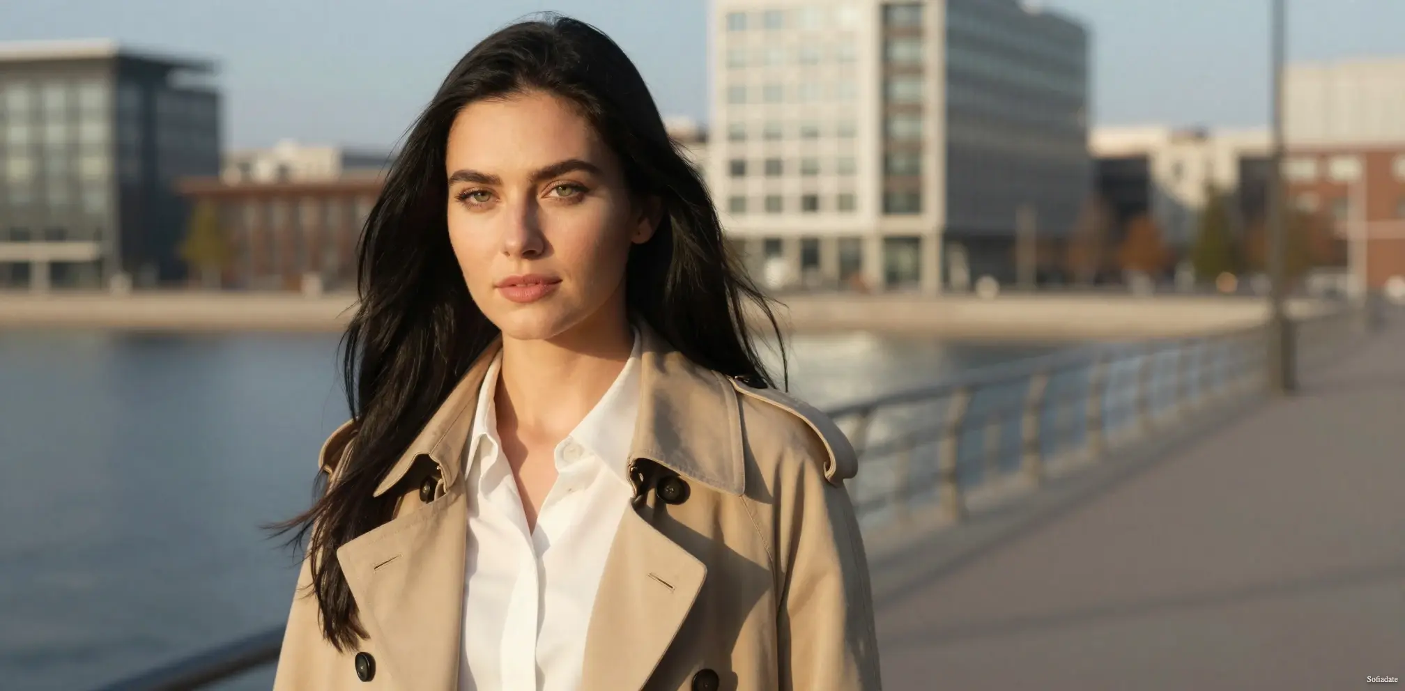 A beautiful girl is walking along the embankment