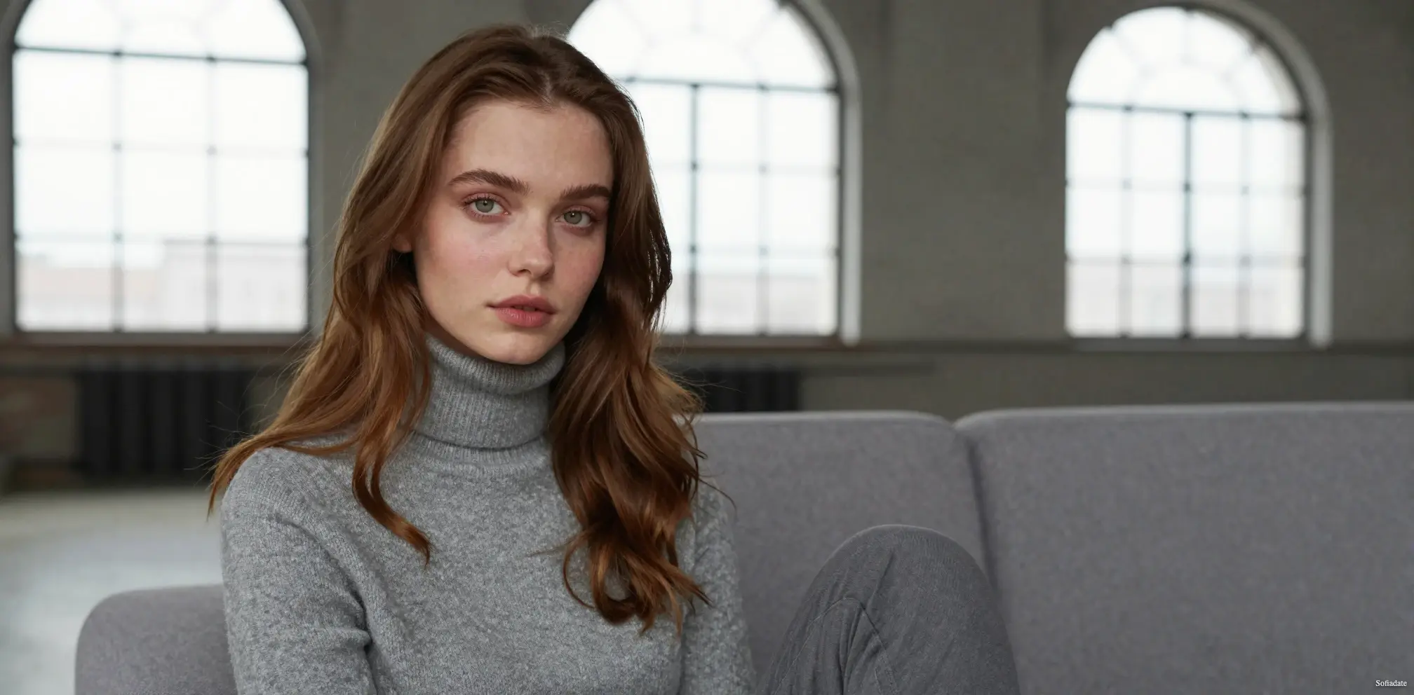 A beautiful girl is sitting in the studio