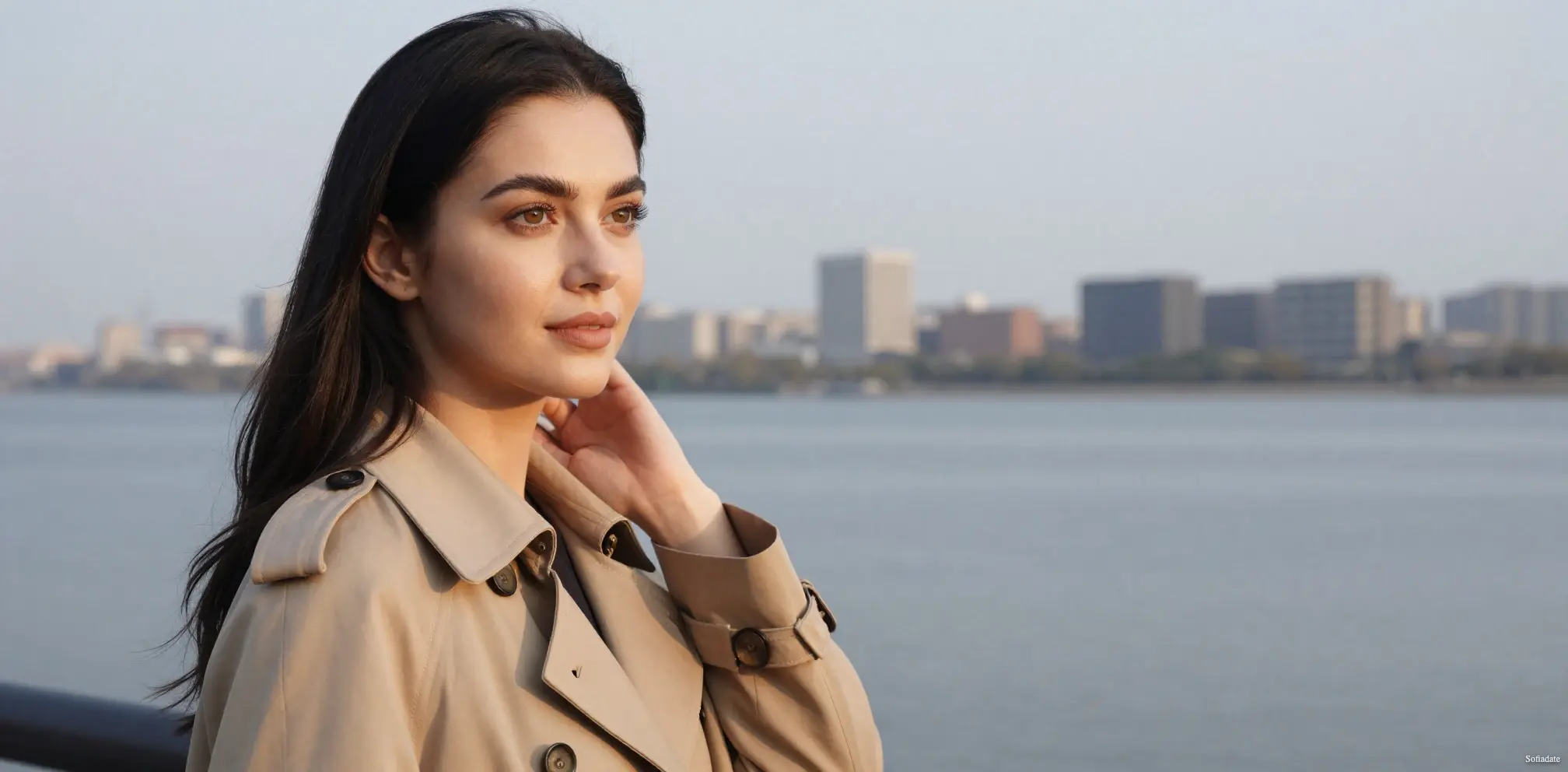 A cute girl is walking along the waterfront