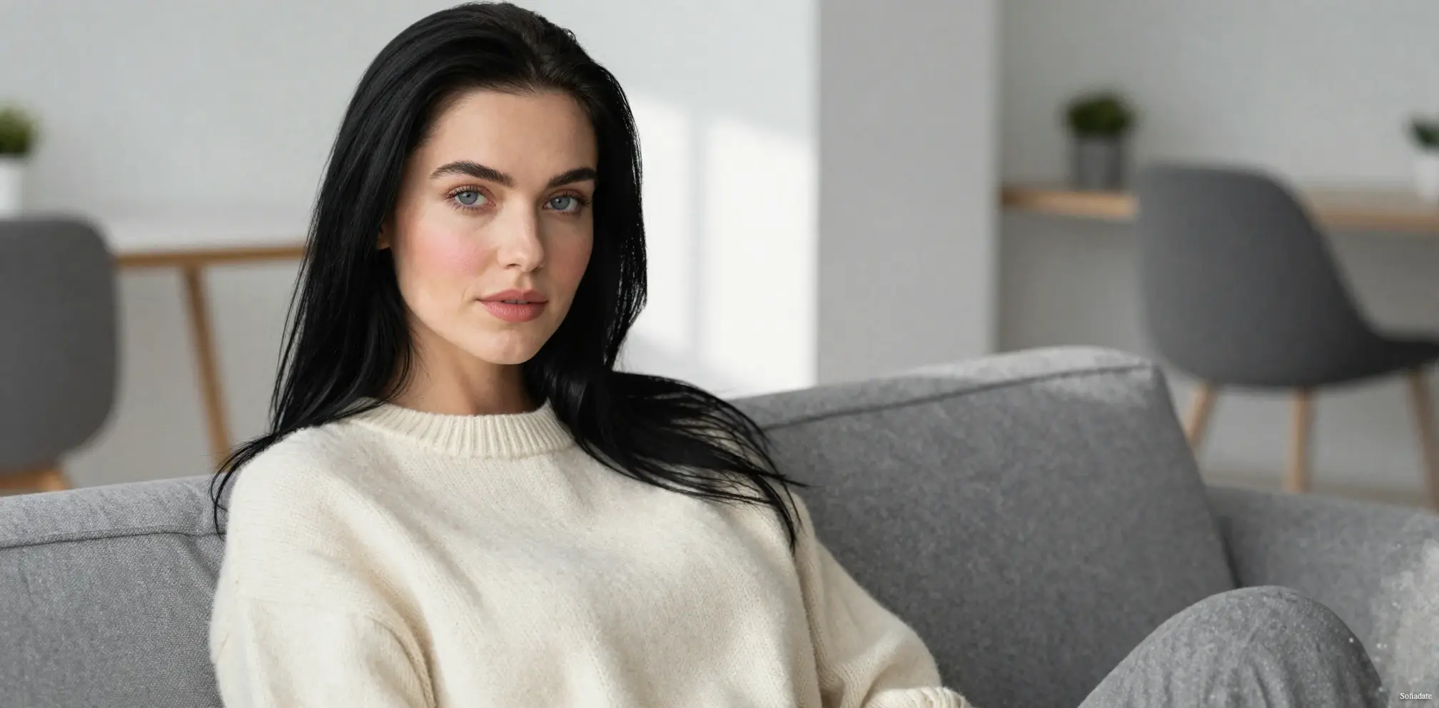 A beautiful woman is sitting on the sofa