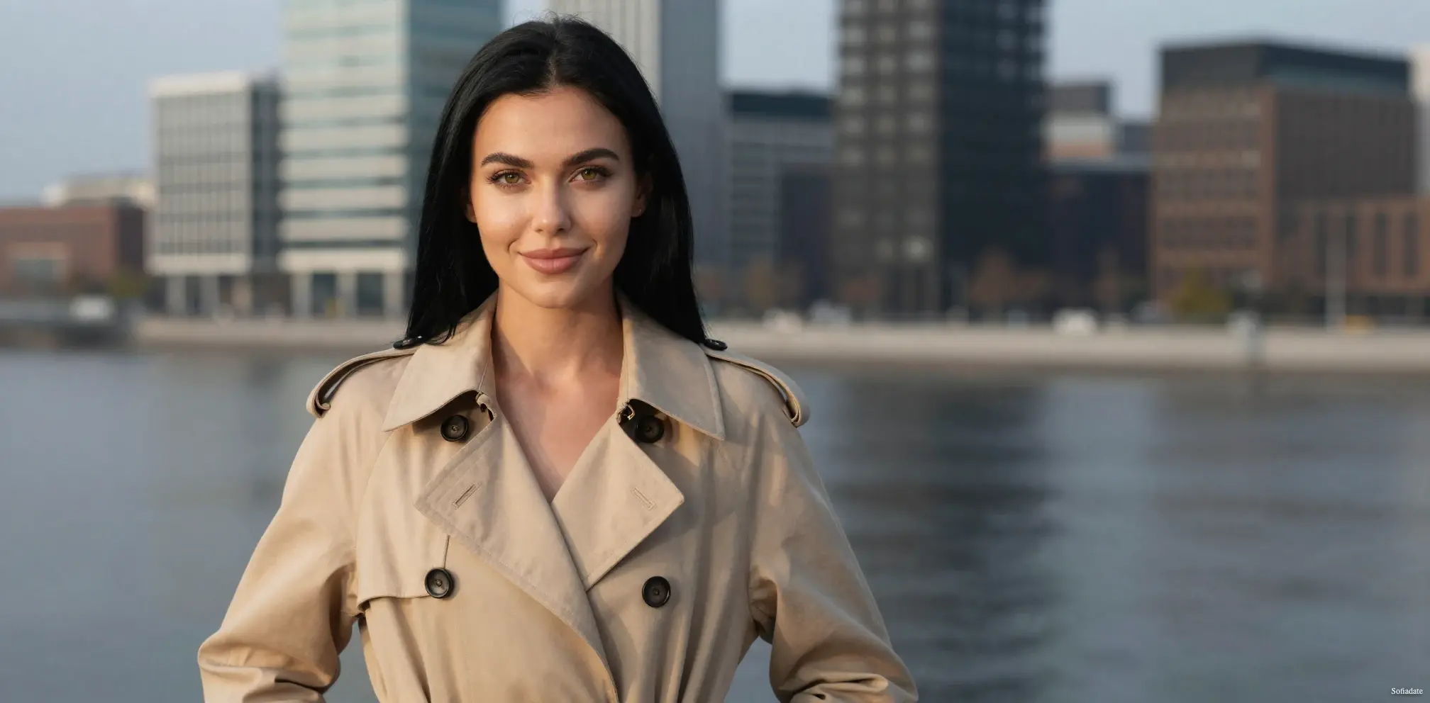 A beautiful woman stands by the water