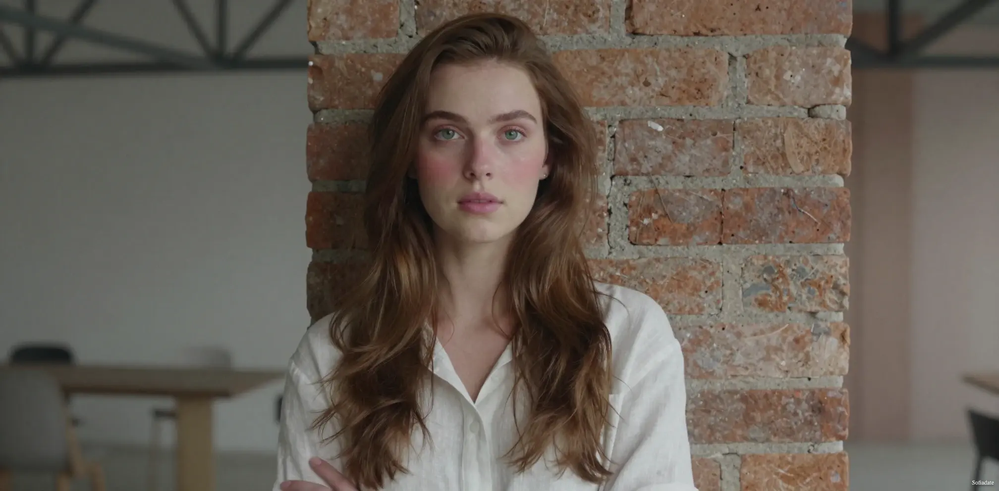 A cute girl is standing by the wall