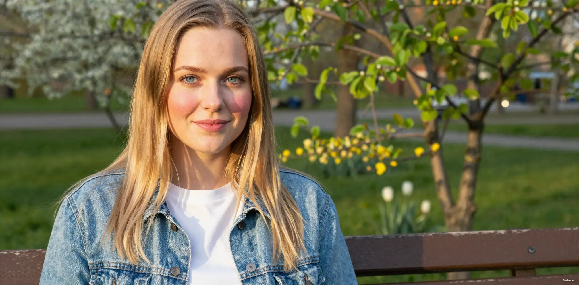 A cute girl is sitting on a bench