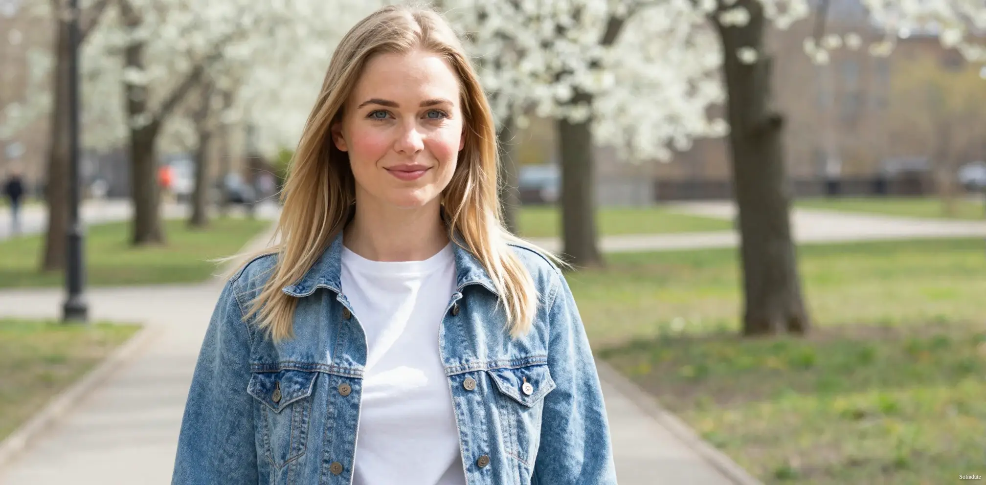 A cute girl is walking in the park