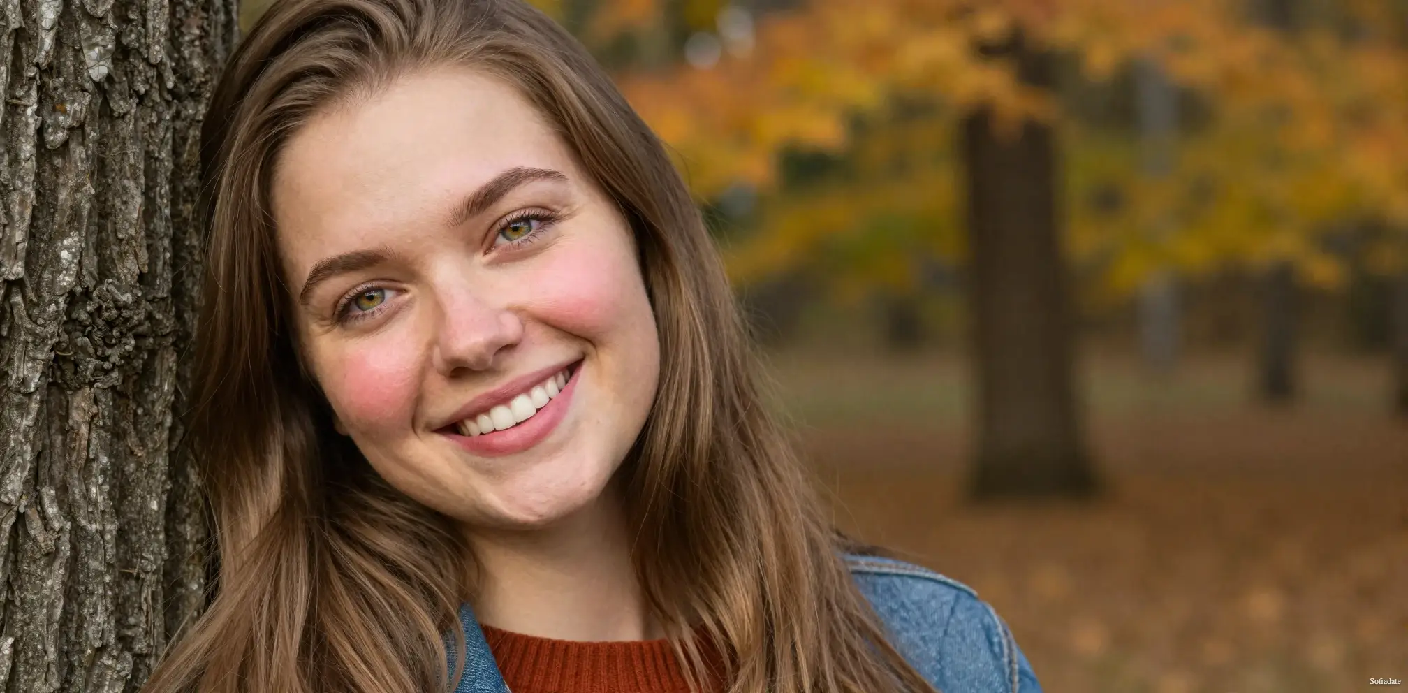 A cute girl is standing by a tree