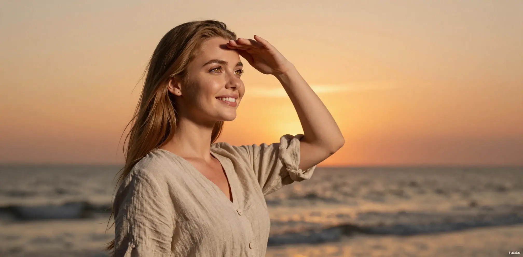 A beautiful blonde stands on the beach at sunset