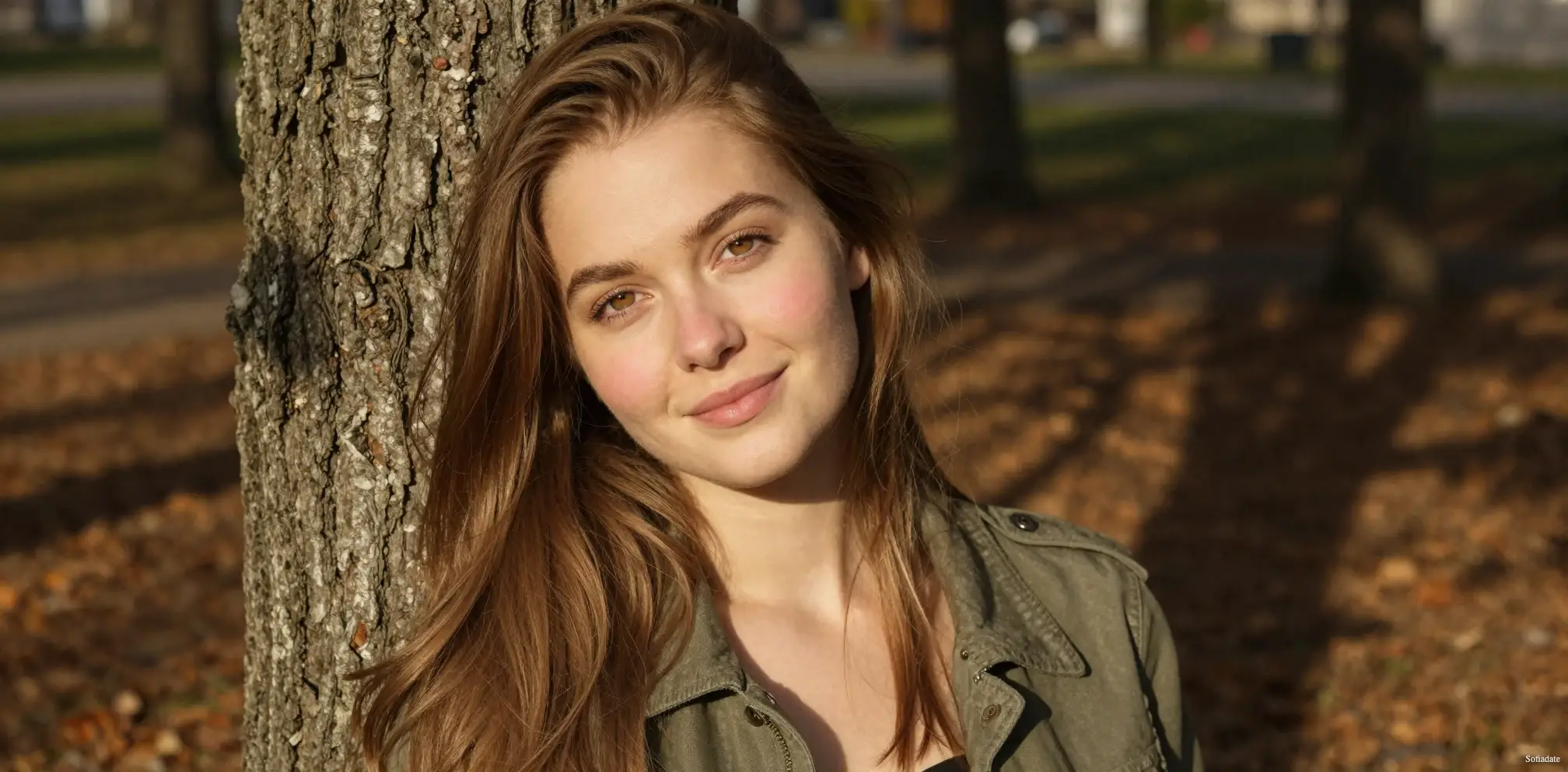 A beautiful girl in the park near a tree