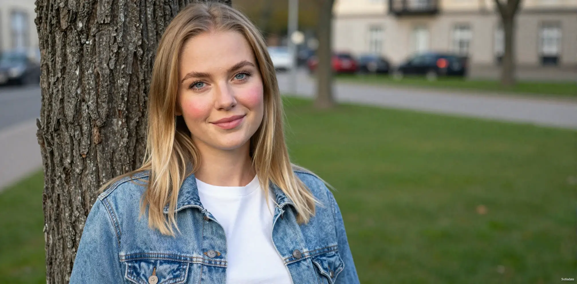 A beautiful girl stands by a tree