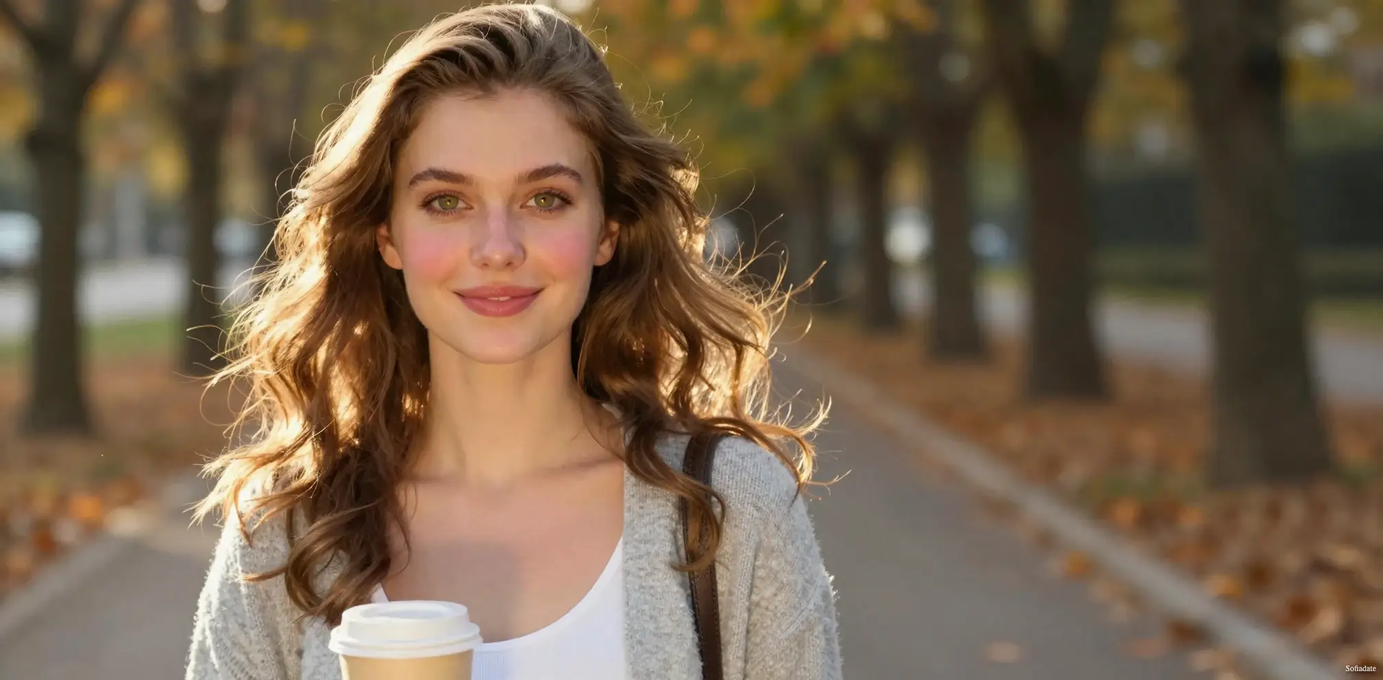 A cute girl is walking around with a cup of coffee in her hands