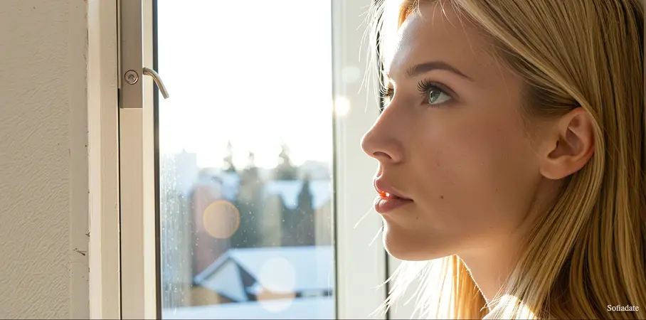 A beautiful girl looks out the window