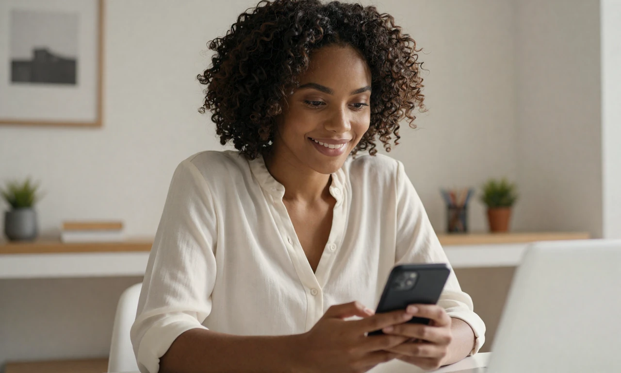 Woman smiling during a FaceTime dating video call at home