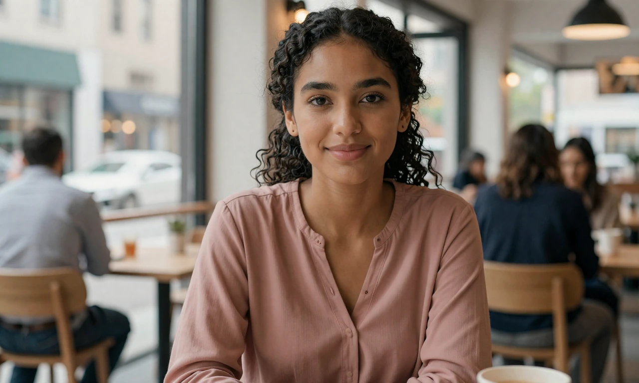 Young woman smiling confidently at a cafe