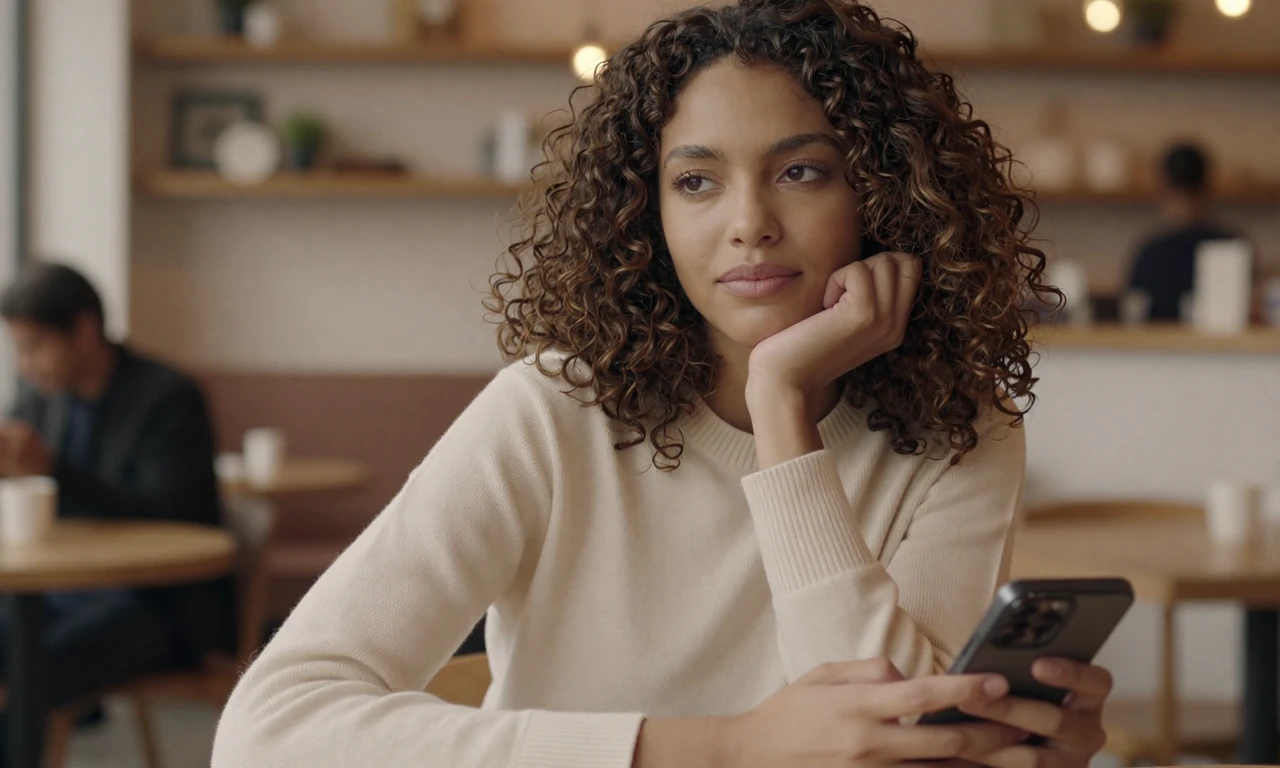 Woman thoughtfully checking her phone at a café after a date