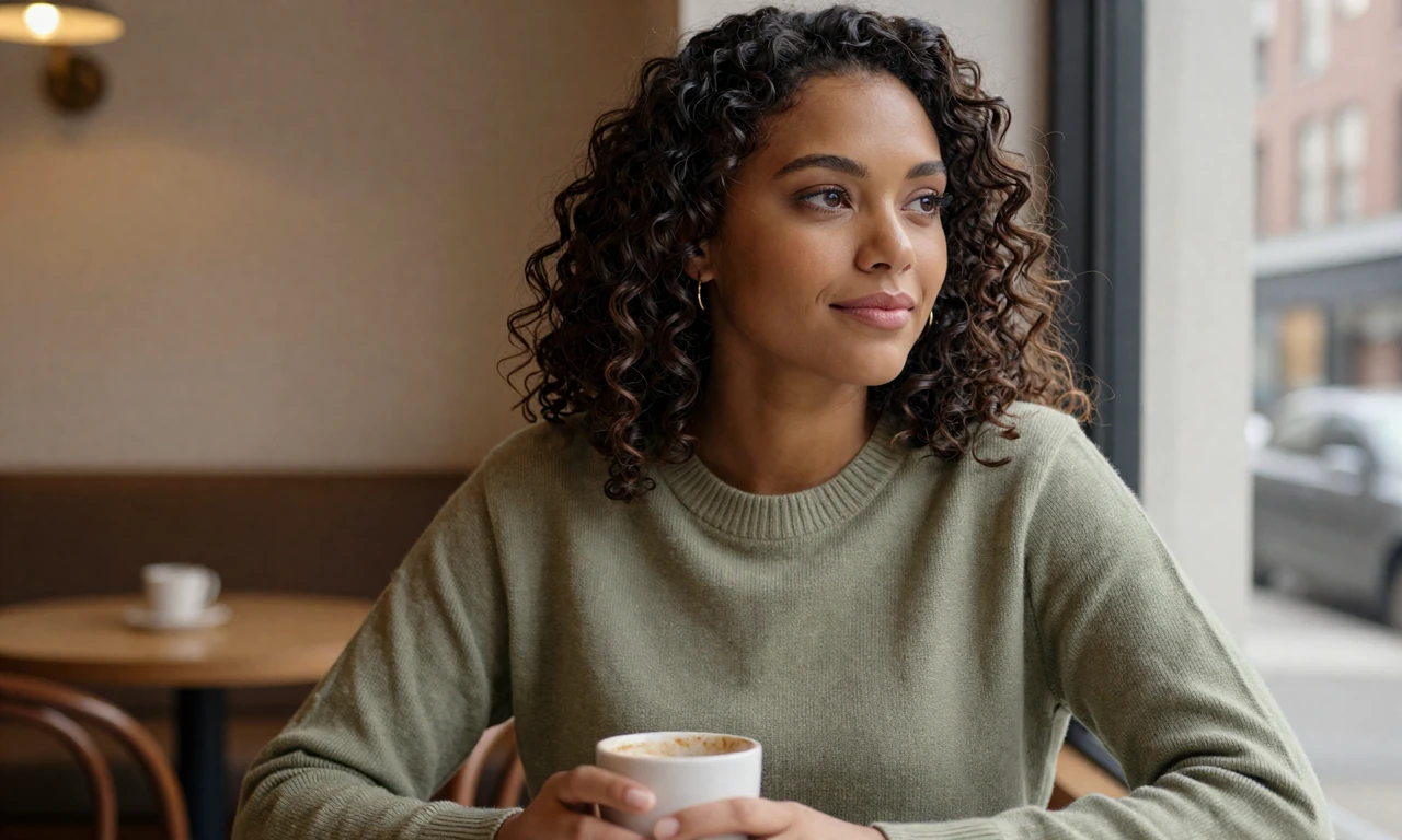 Woman sitting alone at a cafe, looking thoughtfully out the window
