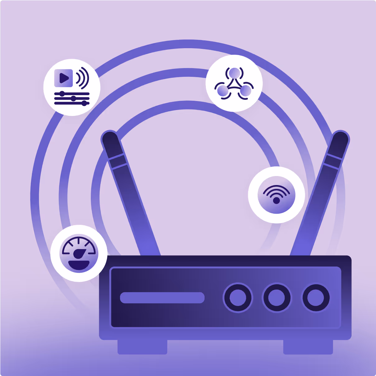 Illustration of a wireless router with antennas and multiple connectivity icons around it. Icons represent streaming media, automation or API integration, Wi-Fi signal, and network speed.