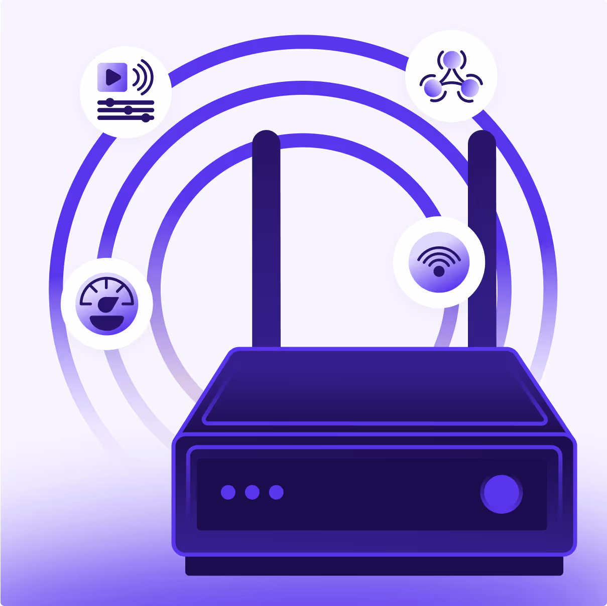 Illustration of a wireless router with antennas and multiple connectivity icons around it. Icons represent streaming media, automation or API integration, Wi-Fi signal, and network speed.