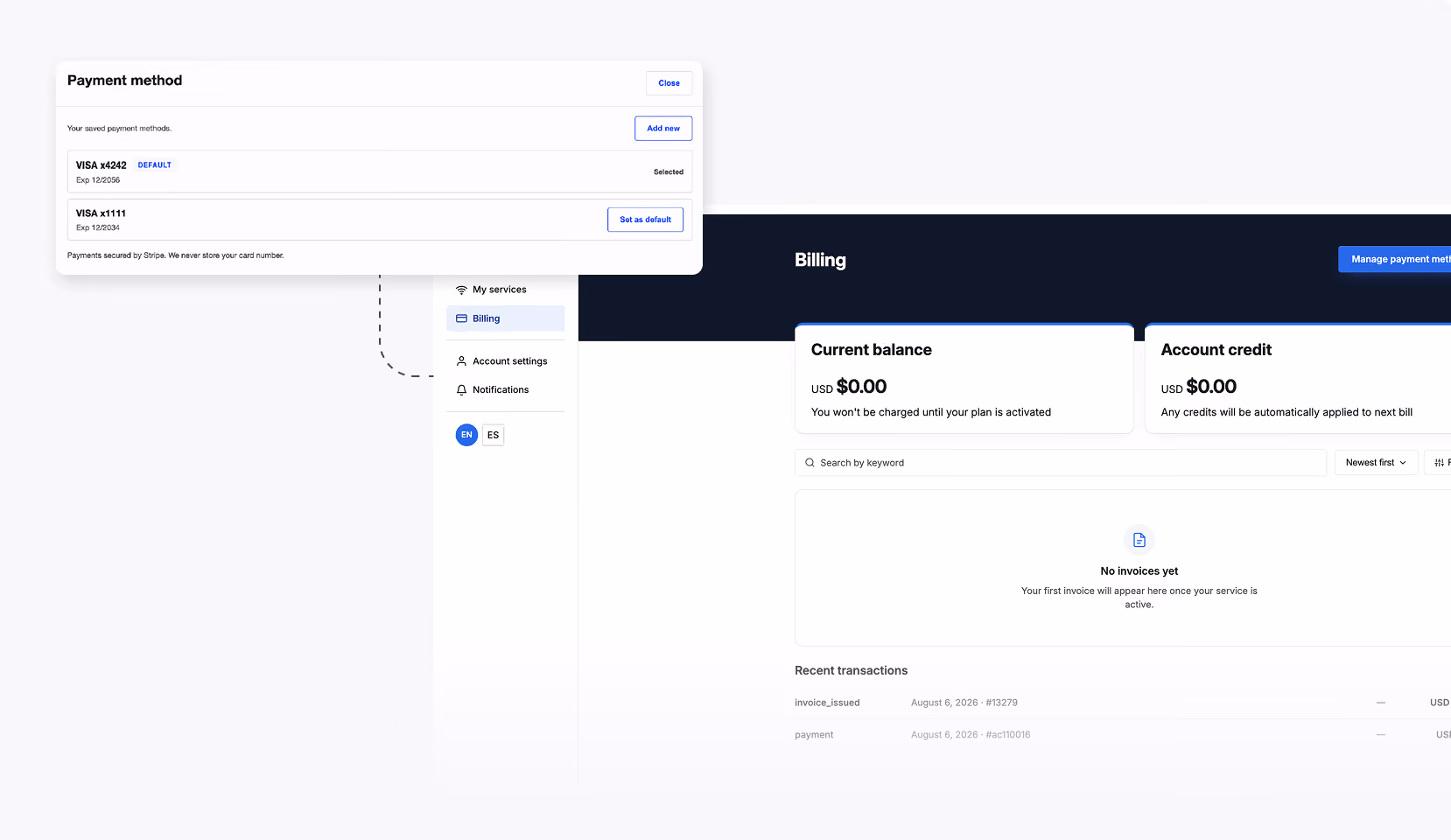 My Account Portal billing screen showing account credit, current balance, and saved payment methods
