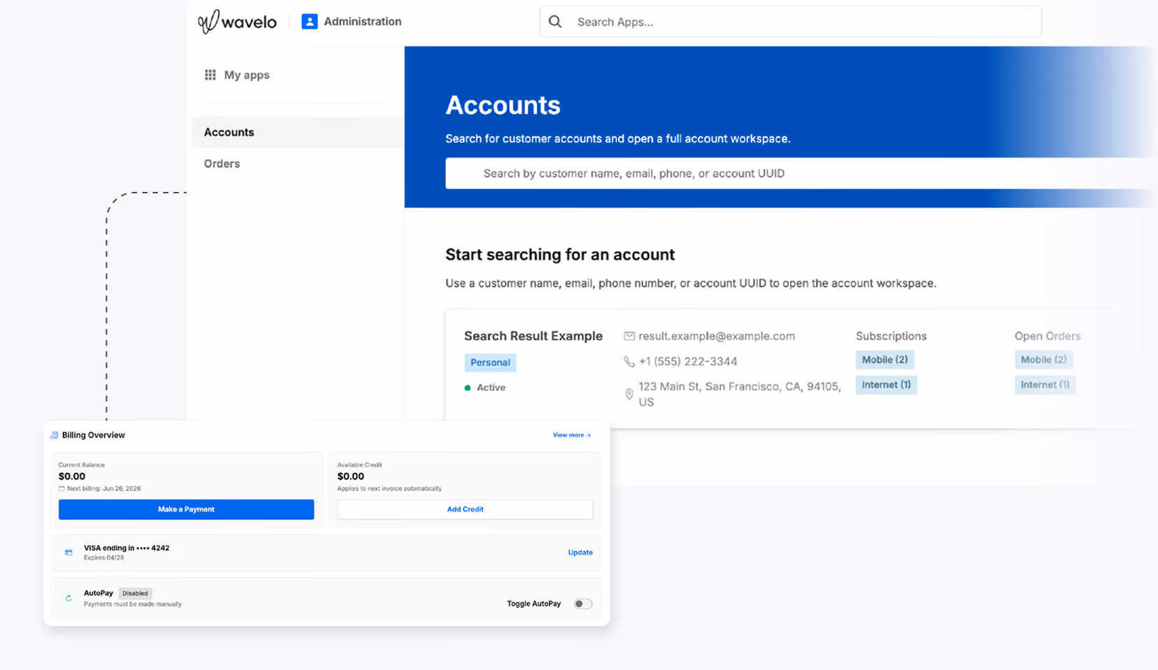 Wavelo Admin interface showing customer account search and billing overview