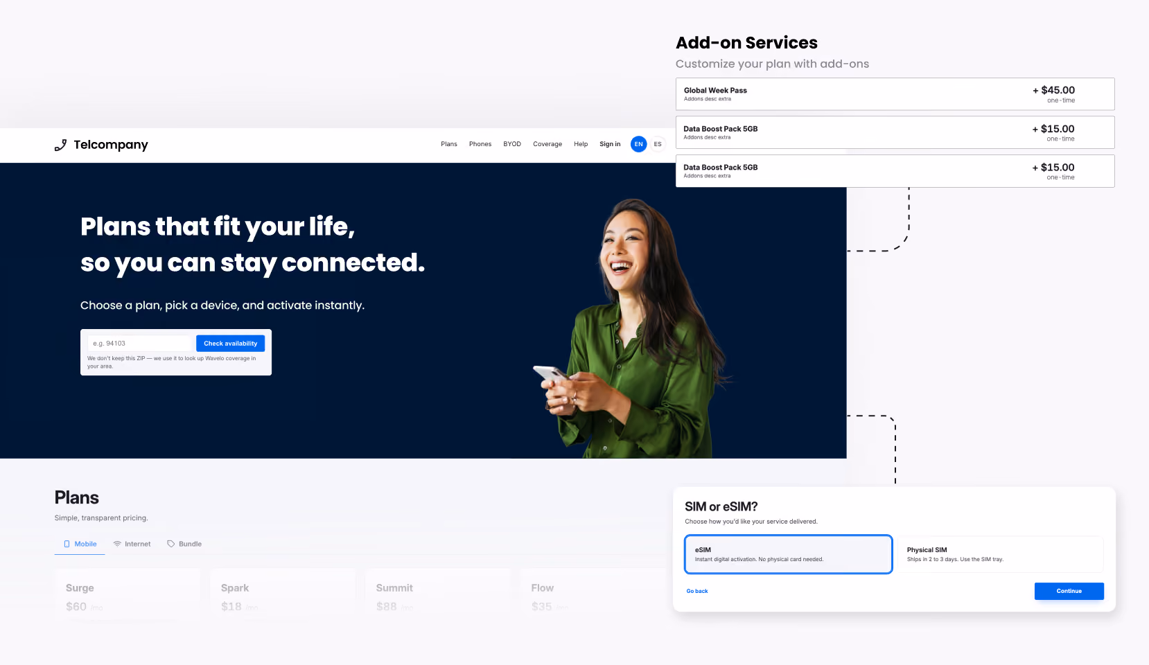 Customer Storefront interface showing add-on services and available plans.