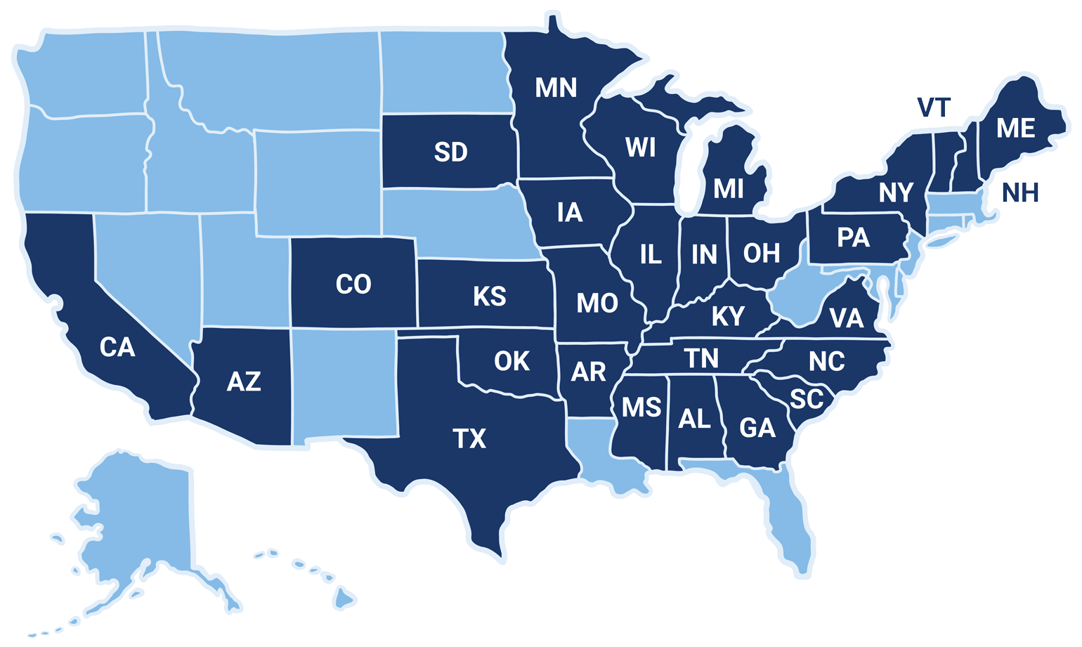 Map of the United States showing 29 states where Wilson Vet Co is licensed and accredited to provide veterinary services.