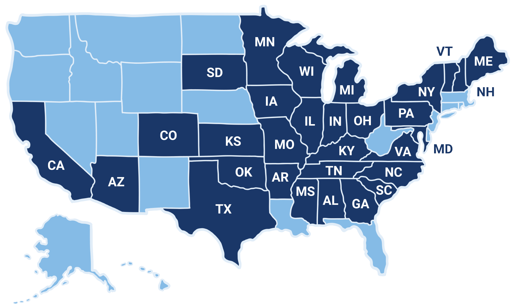 Map of the United States showing 29 states where Wilson Vet Co is licensed and accredited to provide veterinary services.