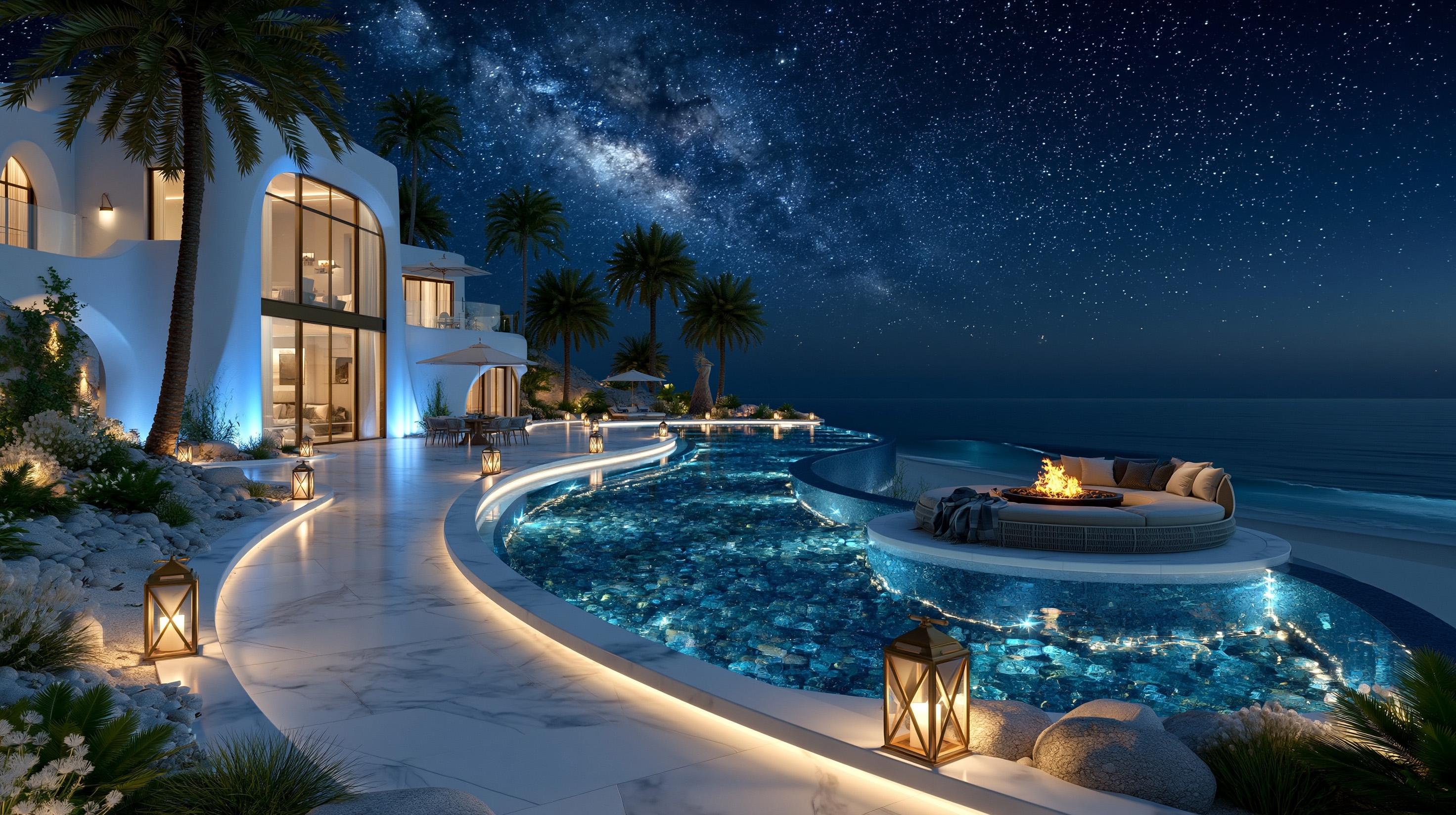 Luxury white villa in Dubai with infinity pool, palm trees and fire pit lounge under a starry night sky