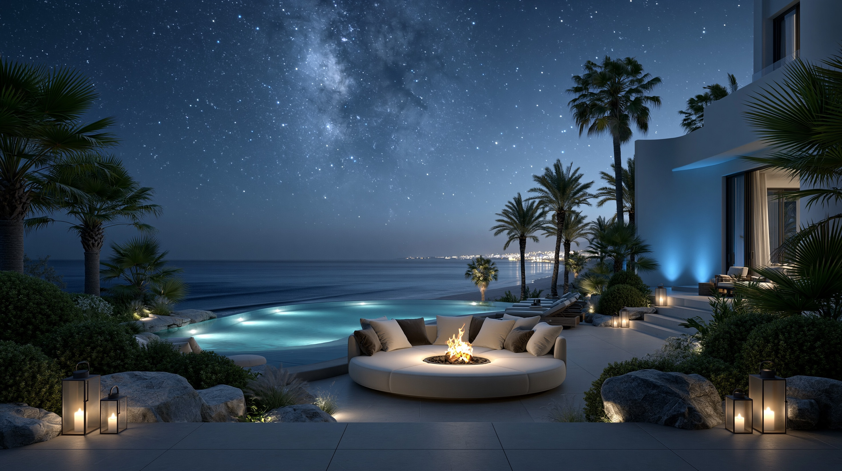 Modern villa terrace in the USA with infinity pool, round fire pit lounge and coastal city lights at night