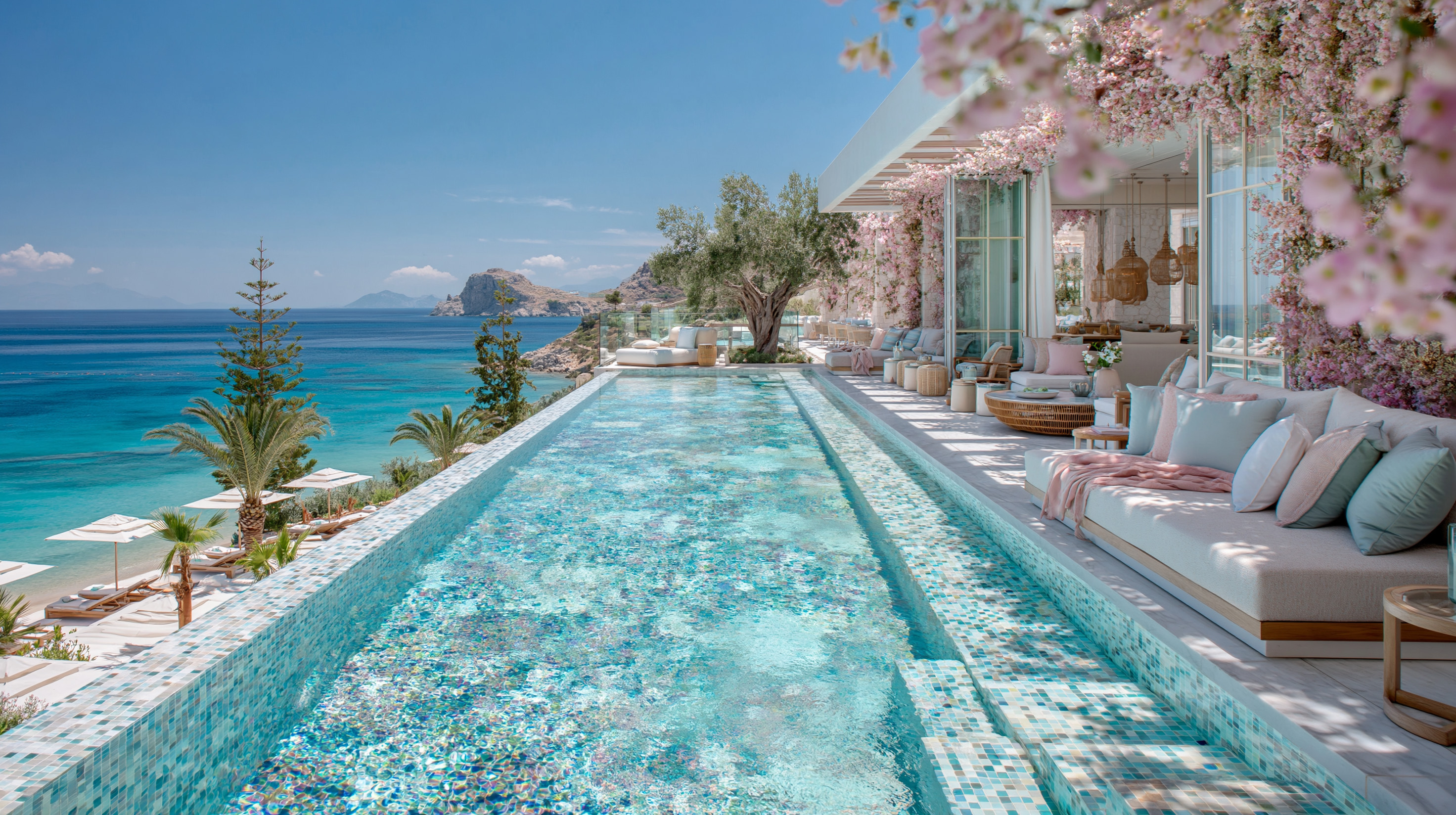 Luxury villa terrace in France with infinity pool, blossoming trees and a Mediterranean sea view