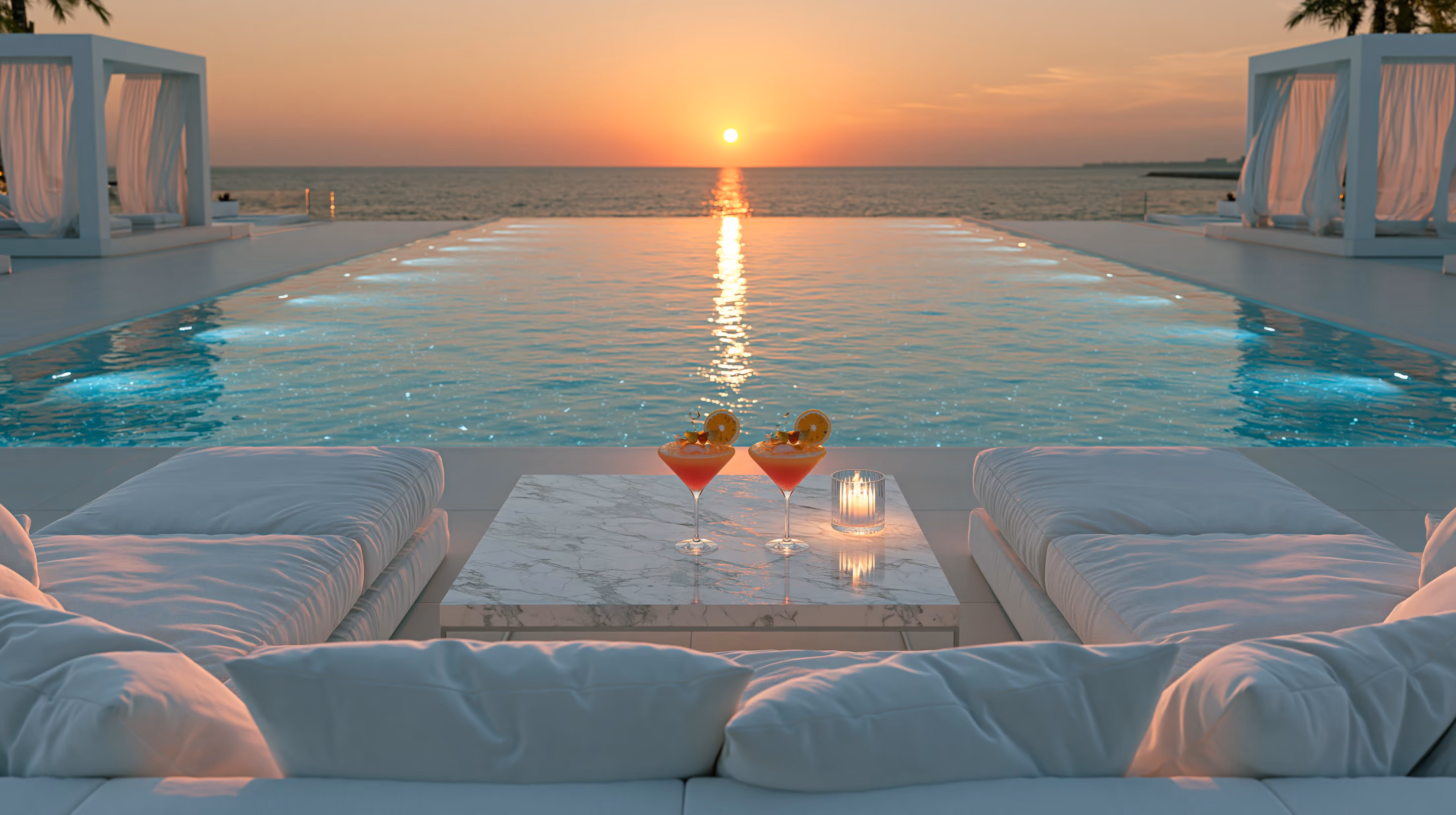 Poolside lounge in Georgia with two cocktails on a table and cabanas at sunset over the sea