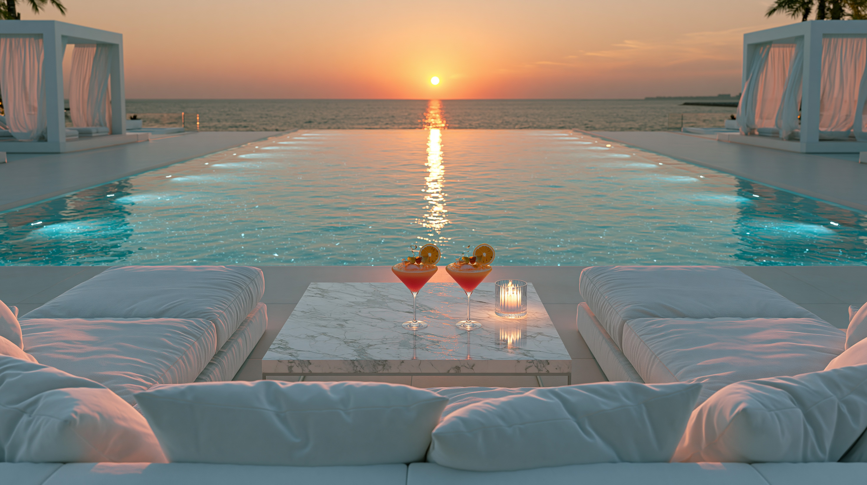 Poolside lounge in Georgia with two cocktails on a table and cabanas at sunset over the sea