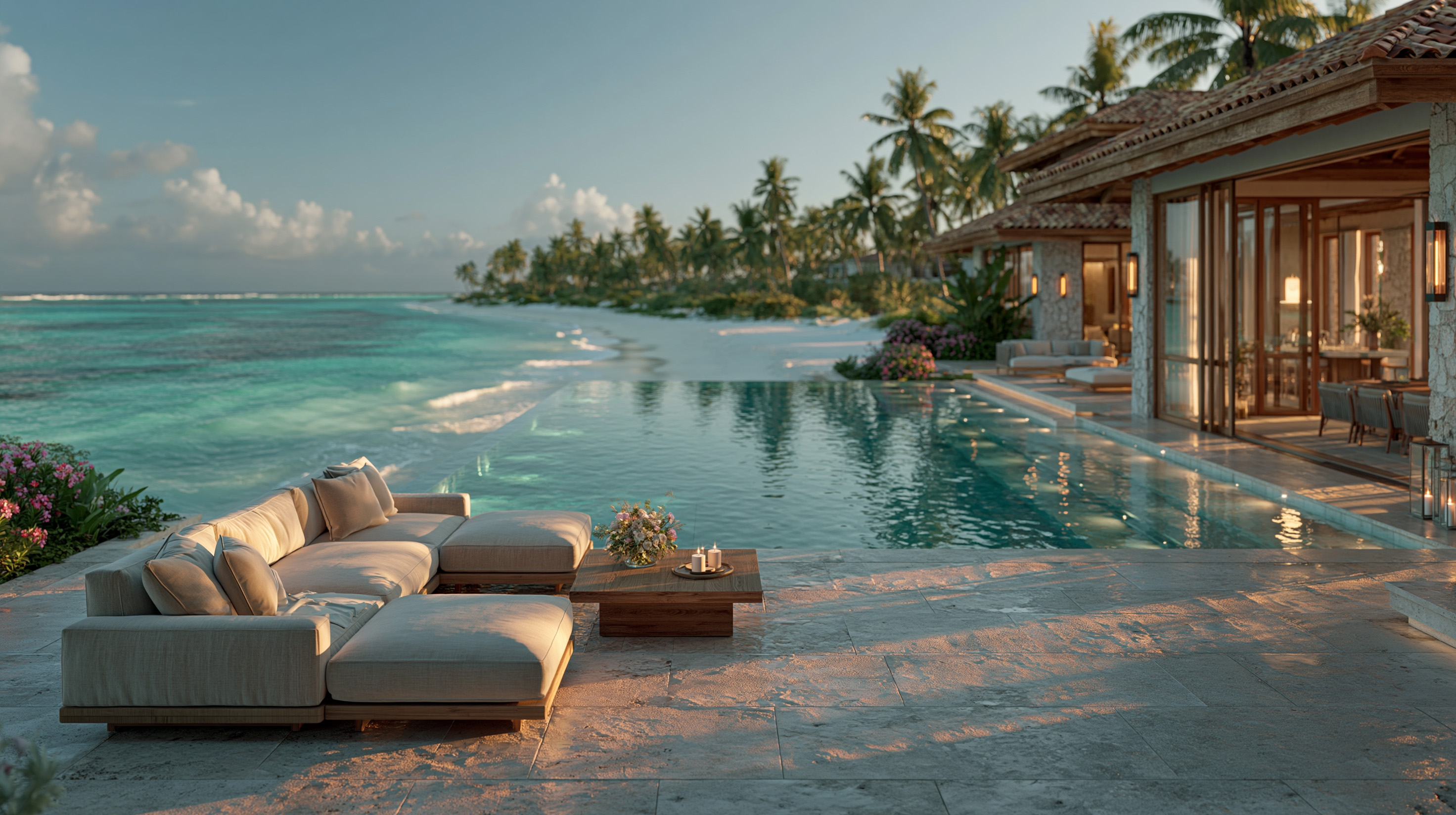 Beachfront villa terrace in the Dominican Republic with infinity pool, lounge sofa and white sand beach at dusk