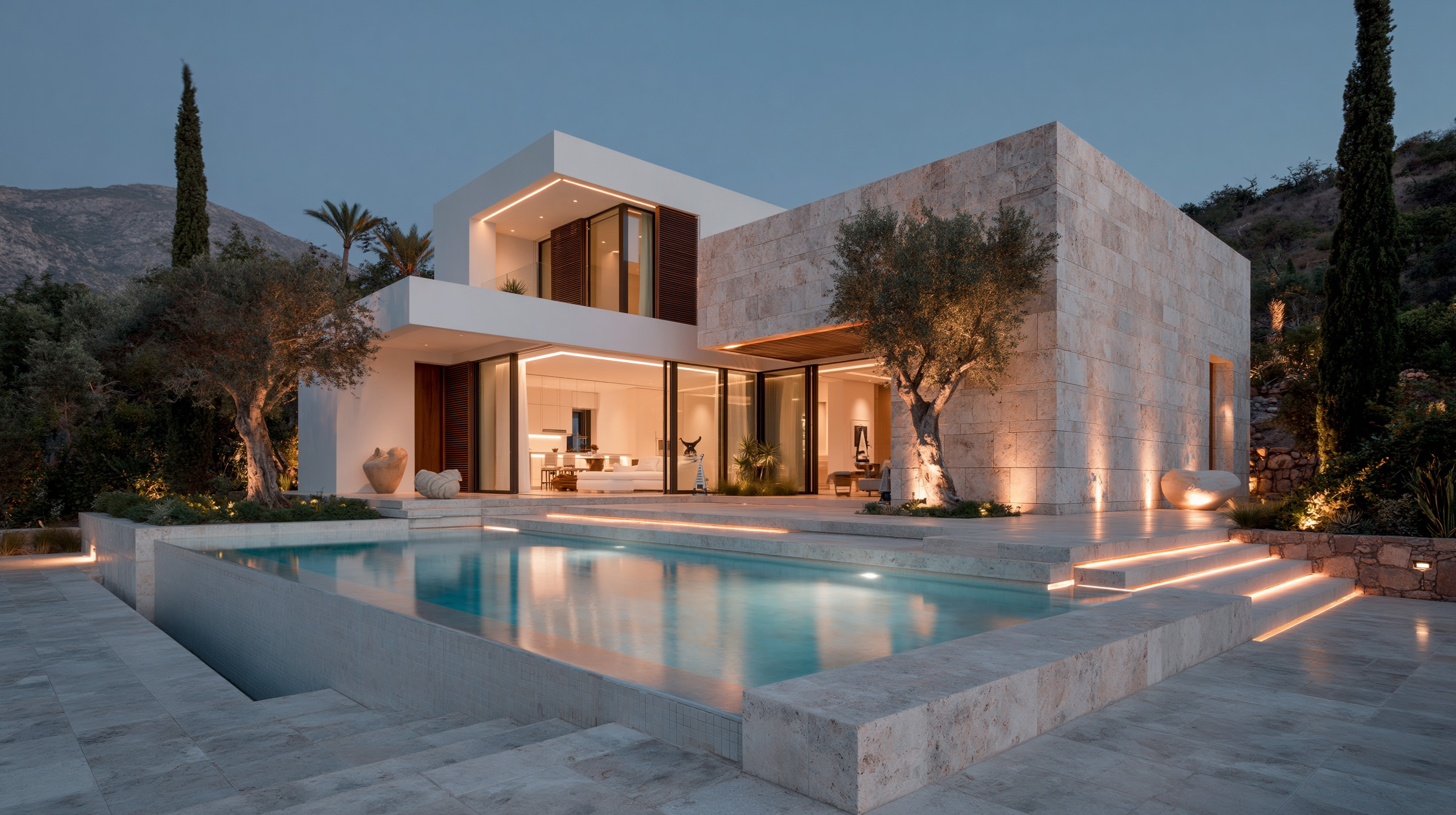 Modern stone villa in Cyprus with swimming pool, olive trees and illuminated terrace at night