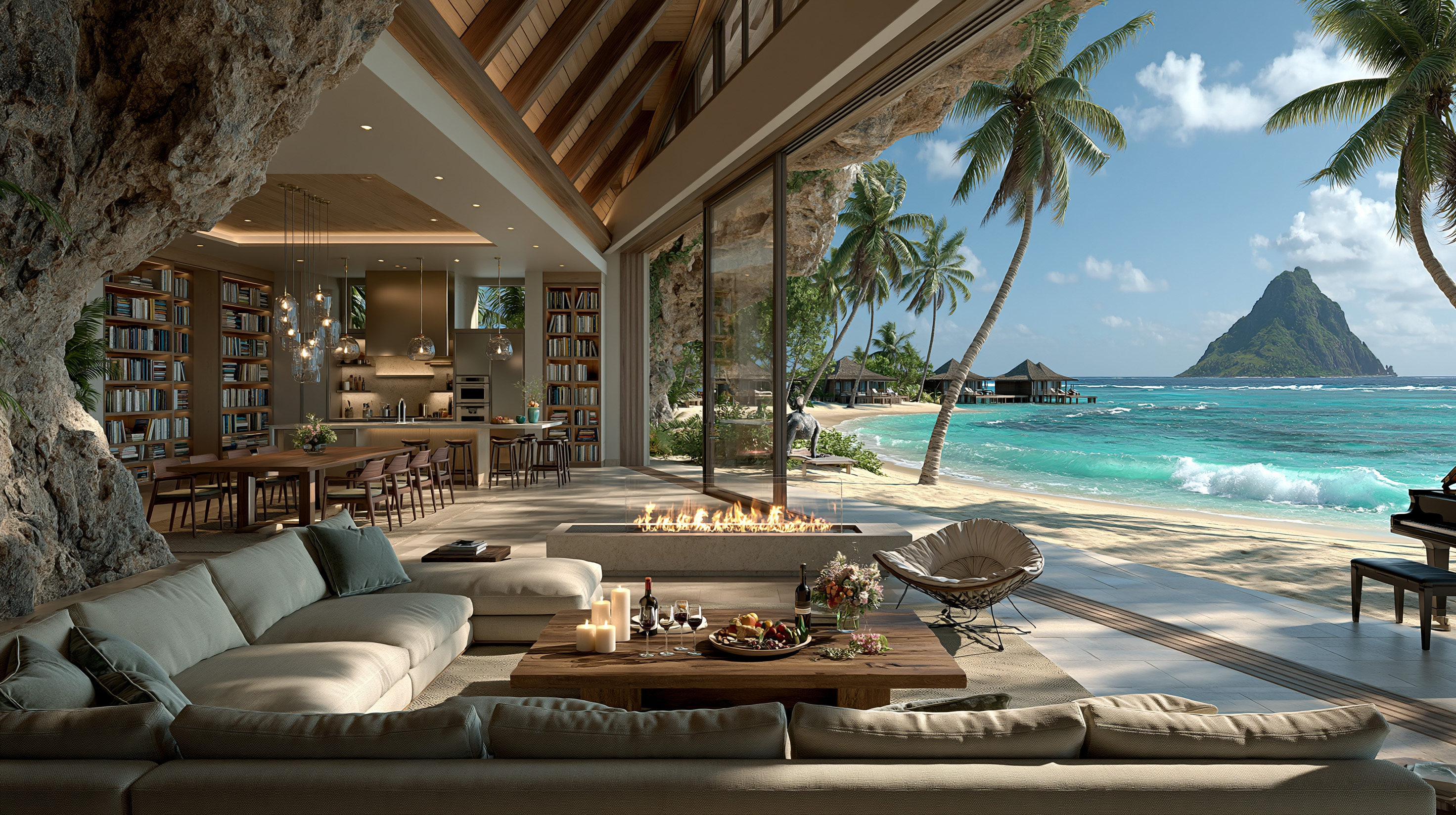 Open-air villa living room in Indonesia with beach view, palm trees and overwater bungalows in the distance