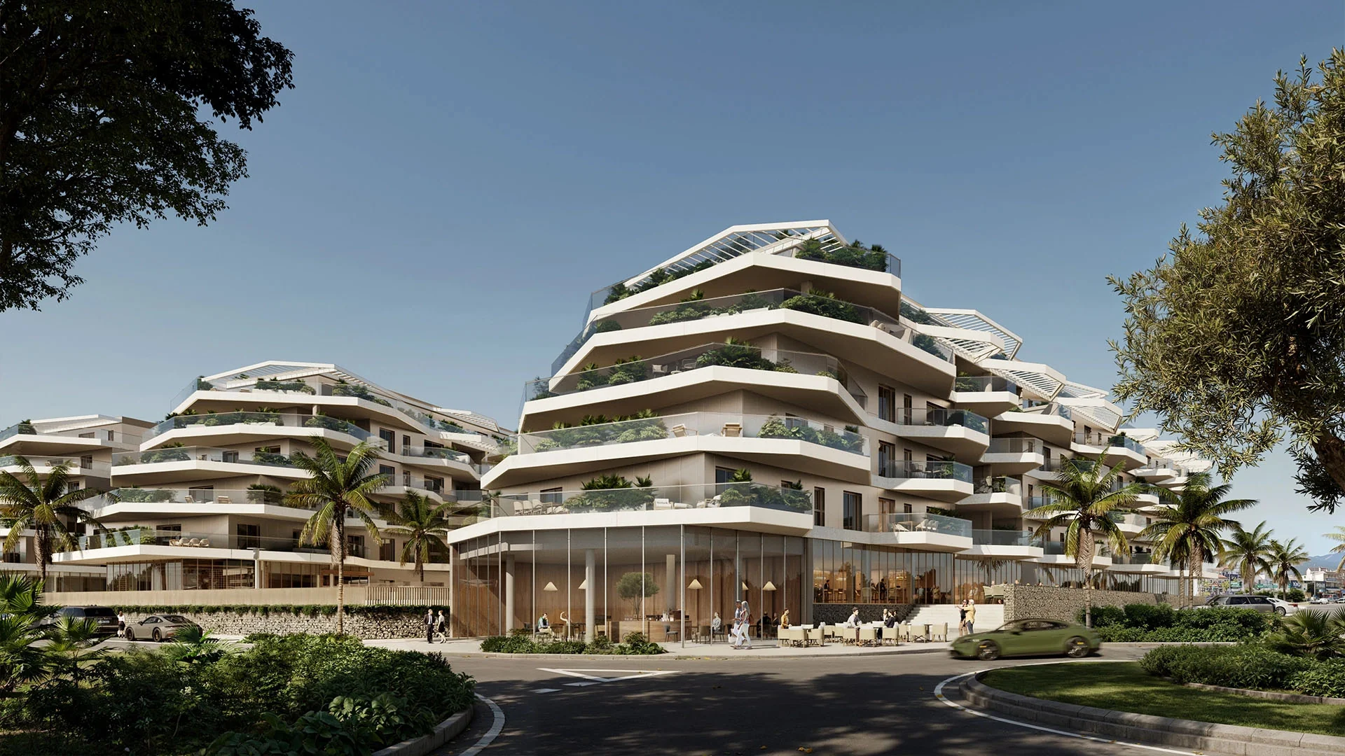 Rendering of a tiered apartment building with plant-covered stepped balconies, a glass-walled ground-floor lobby and palm trees along the drive – Lakün, a 4-bedroom apartment in Las Lagunas de Mijas, Fuengirola, Málaga, Costa del Sol