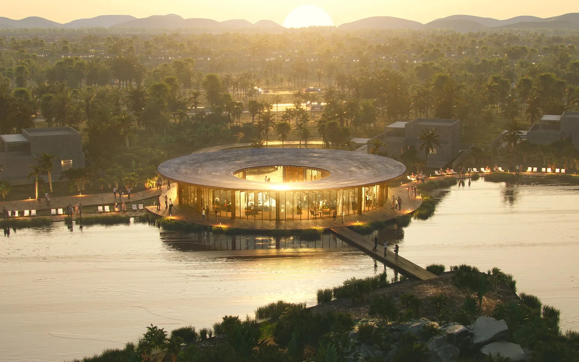 Aerial rendering at sunset of a ring-shaped glass clubhouse floating on a lagoon, linked by wooden boardwalks and surrounded by palm trees – La Reserva, a 3-bedroom apartment in City Place, Punta Cana, Dominican Republic