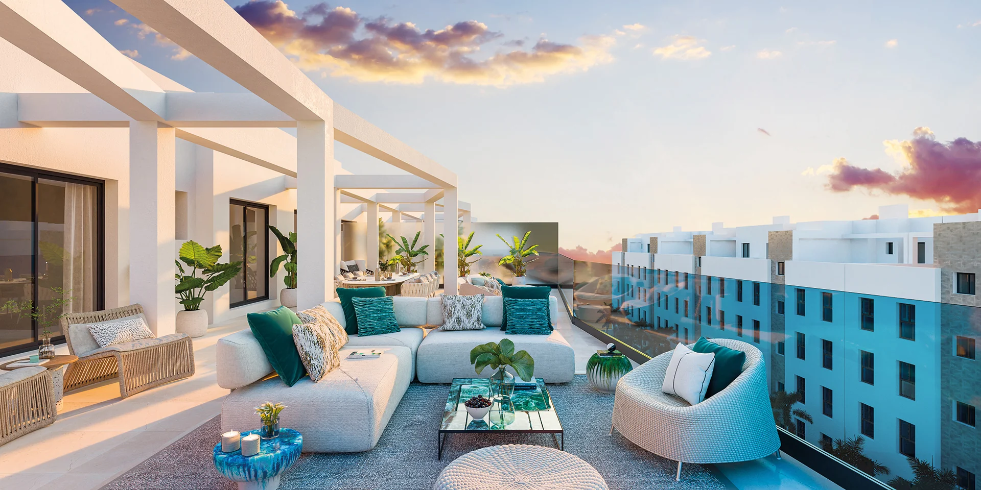 Rendering of a rooftop terrace lounge with a white pergola, sectional sofas with teal cushions and potted plants overlooking the pool and apartment blocks at sunset – Jardines De Las Lagunas II, a 2-bedroom apartment in Las Lagunas, Mijas, Málaga