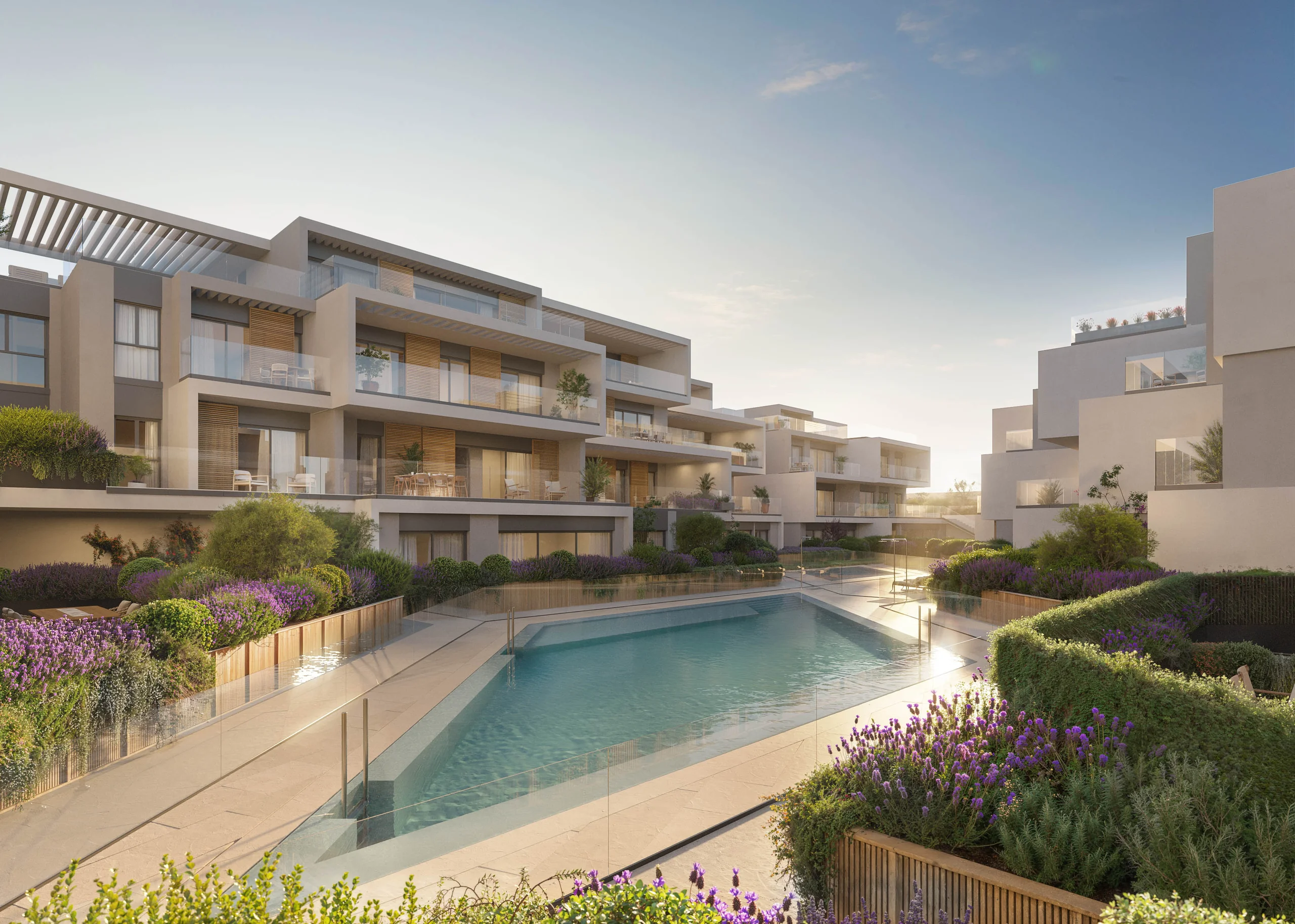Rendering of modern cubic apartment blocks with wood-slat balconies around a rectangular pool bordered by glass railings and purple lavender beds – Isla Bela, a 2-bedroom apartment in Nueva Andalucía, Marbella, Málaga