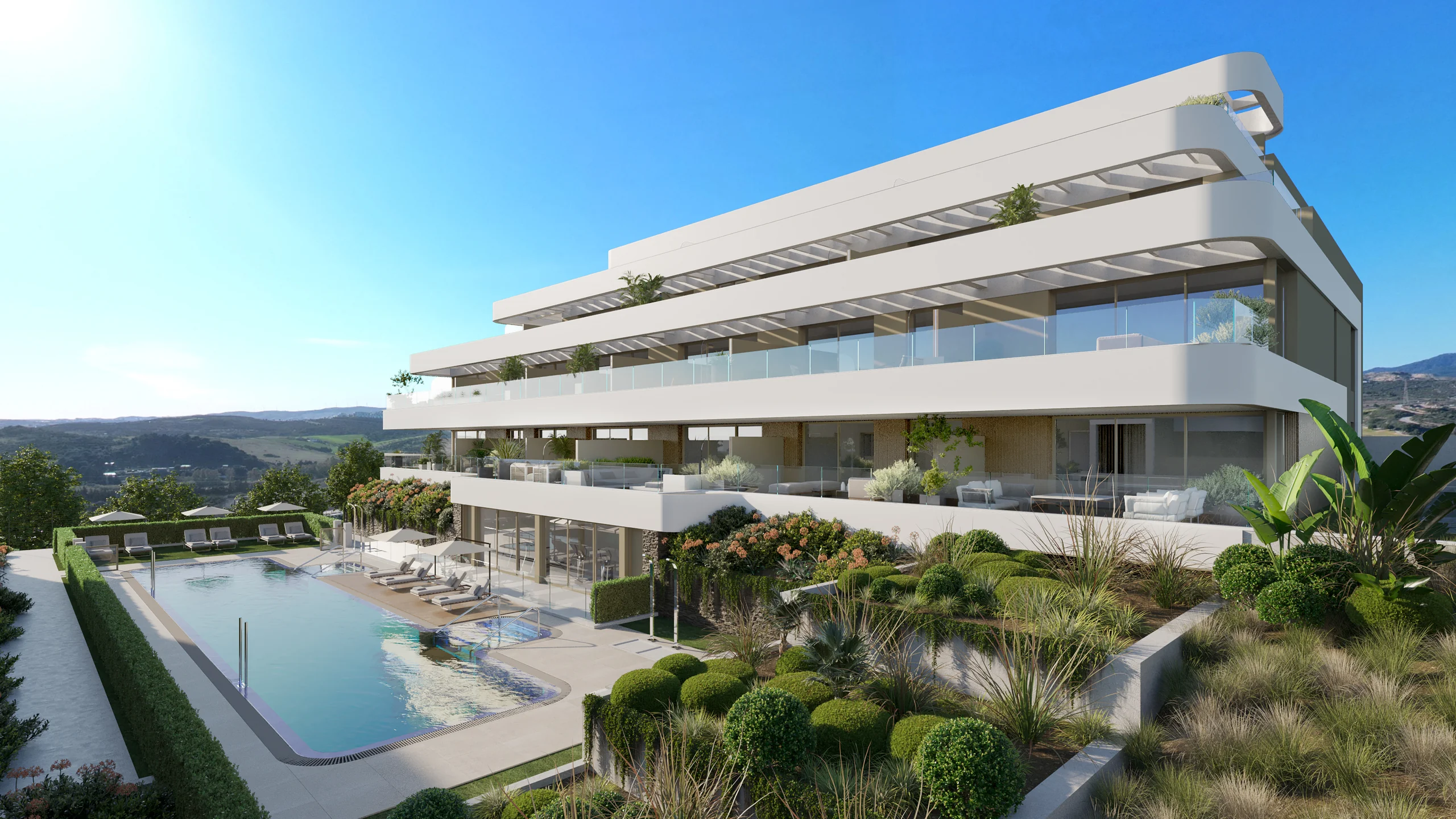 Rendering of a curved, tiered apartment building with long balconies above a communal pool with sun loungers, set on a landscaped hillside – Celestia Homes, a 3-bedroom apartment in Arroyo Enmedio, Estepona, Málaga, Costa del Sol